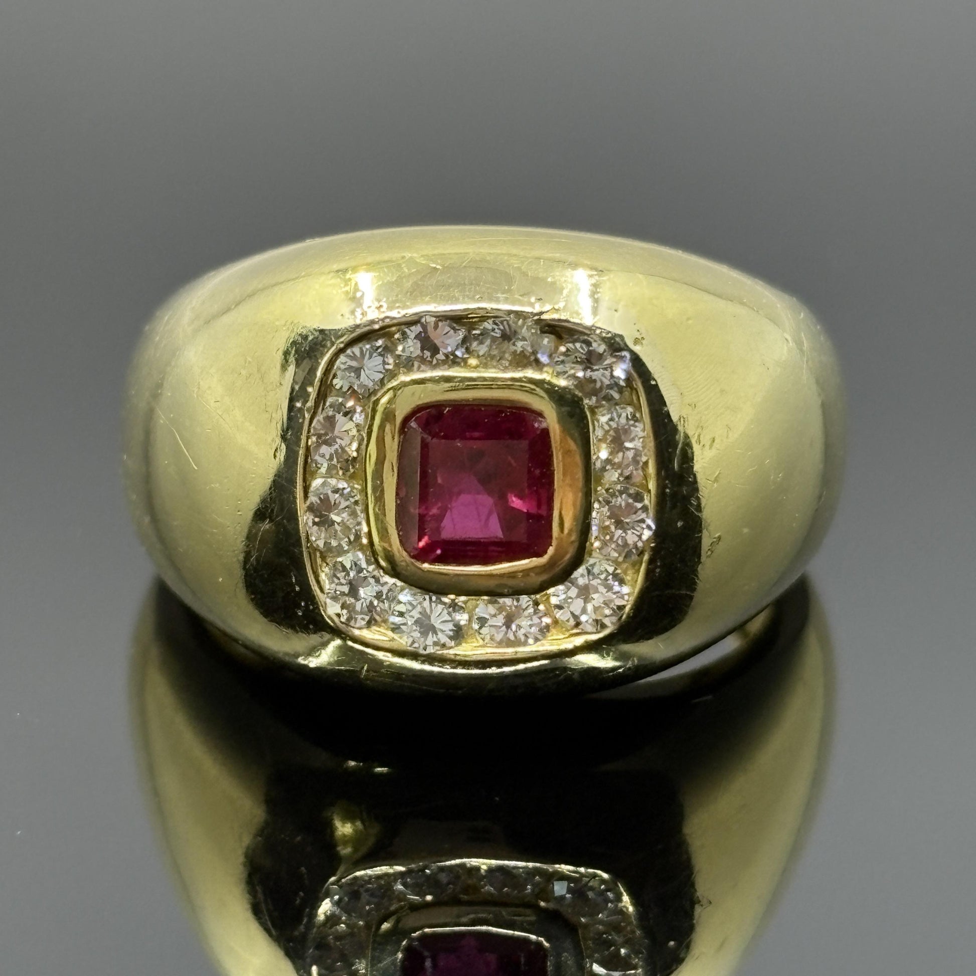 Vintage Cushion Ruby & Diamond Bombe Ring in 18k Yellow Gold - GIA