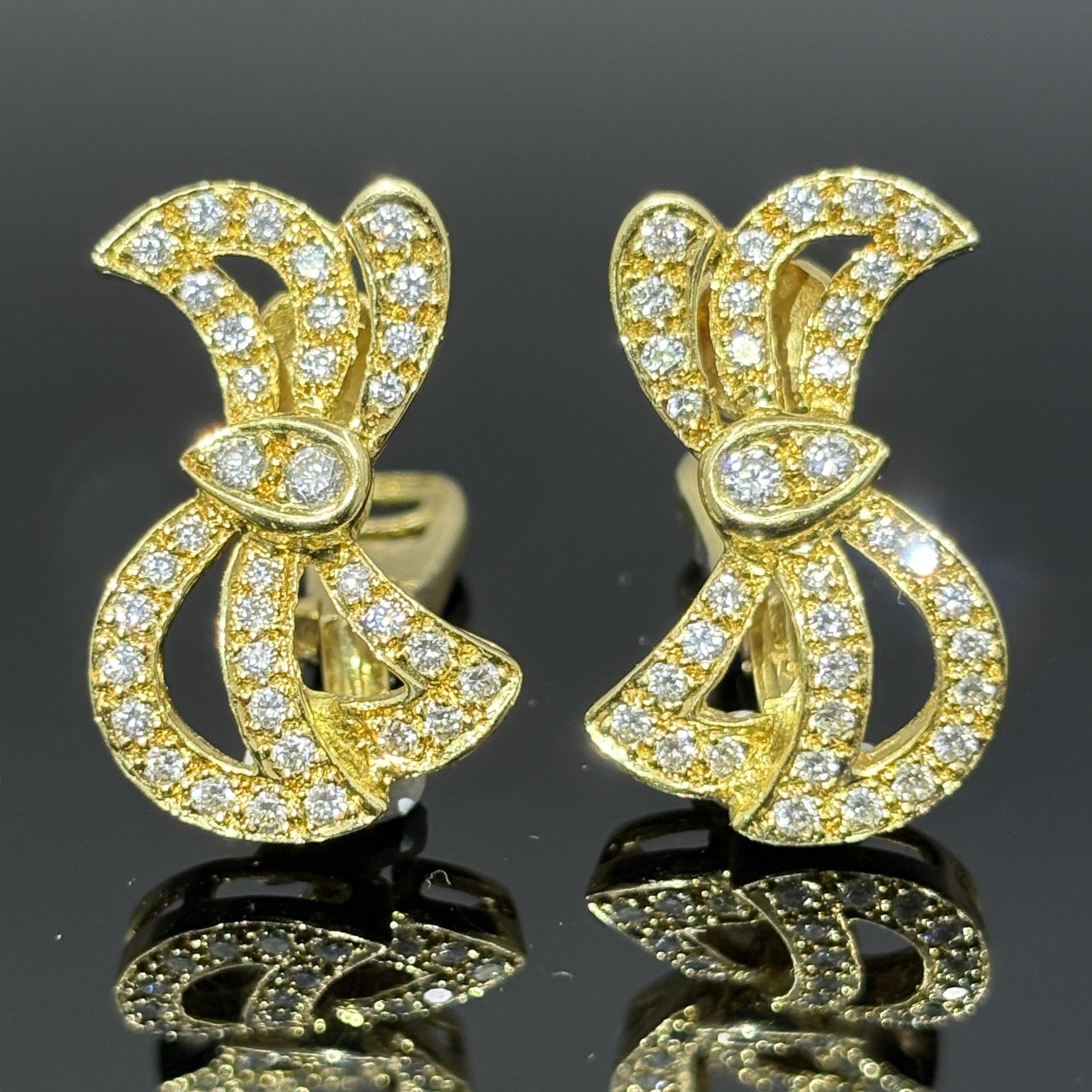 Vintage Diamond Bow Earrings w/ French Owl Stamp 18k
