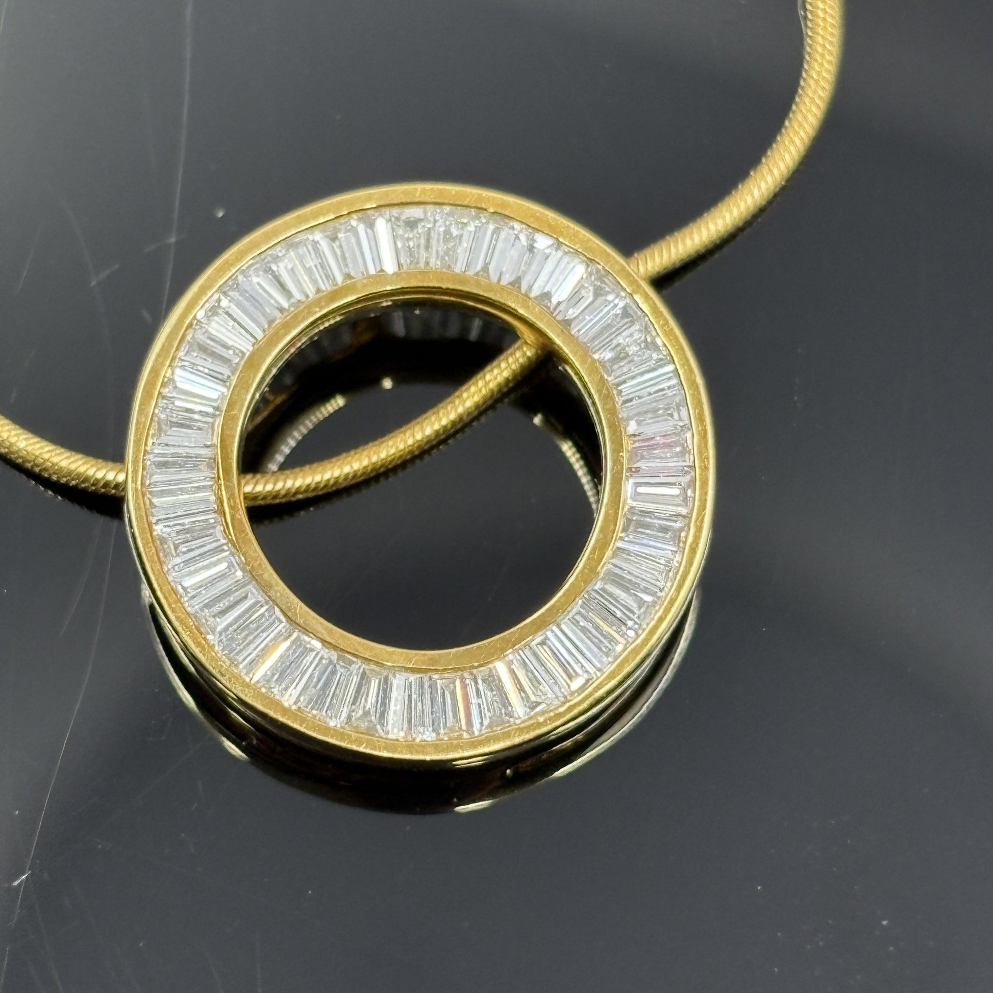 Estate Diamond Baguette Circle Pendant Necklace 18k Gold 1.50ctw