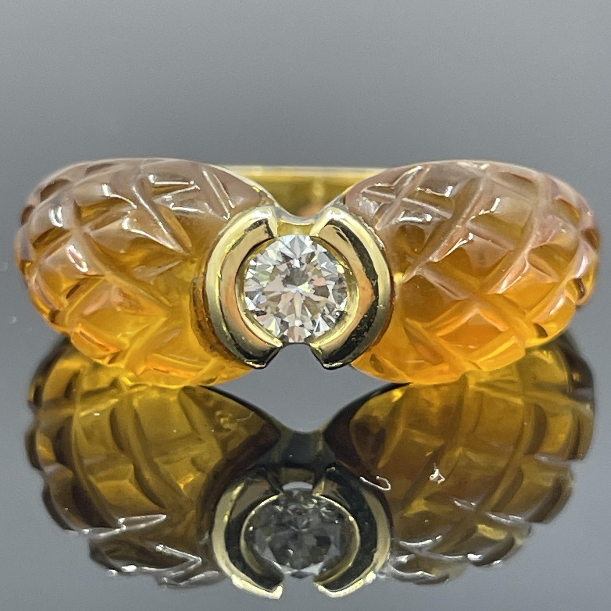 Vintage French Diamond & Carved Citrine 18k Yellow Gold Ring