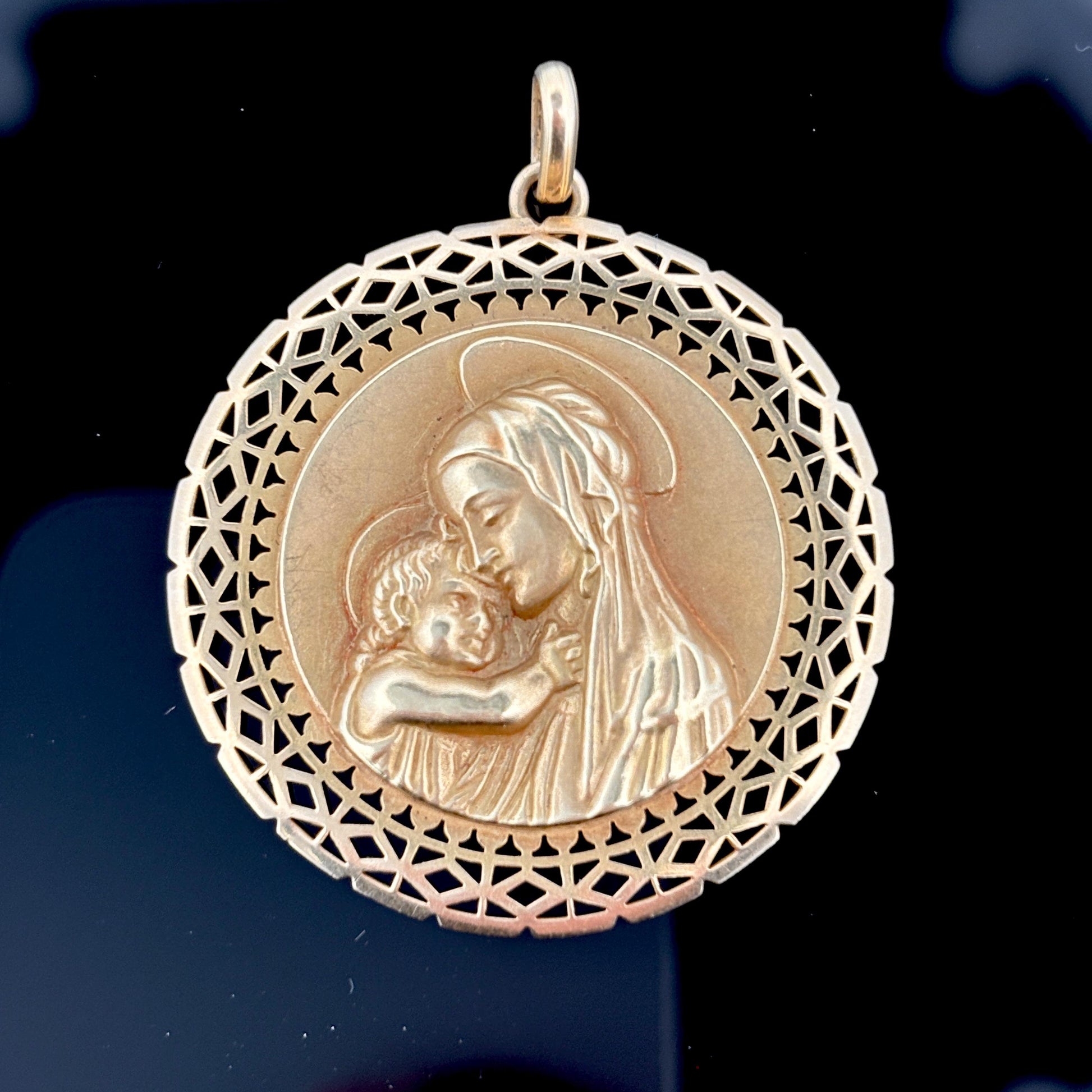 Vintage Large Blessed Virgin Mary Pendant 18k Yellow Gold - 36mm