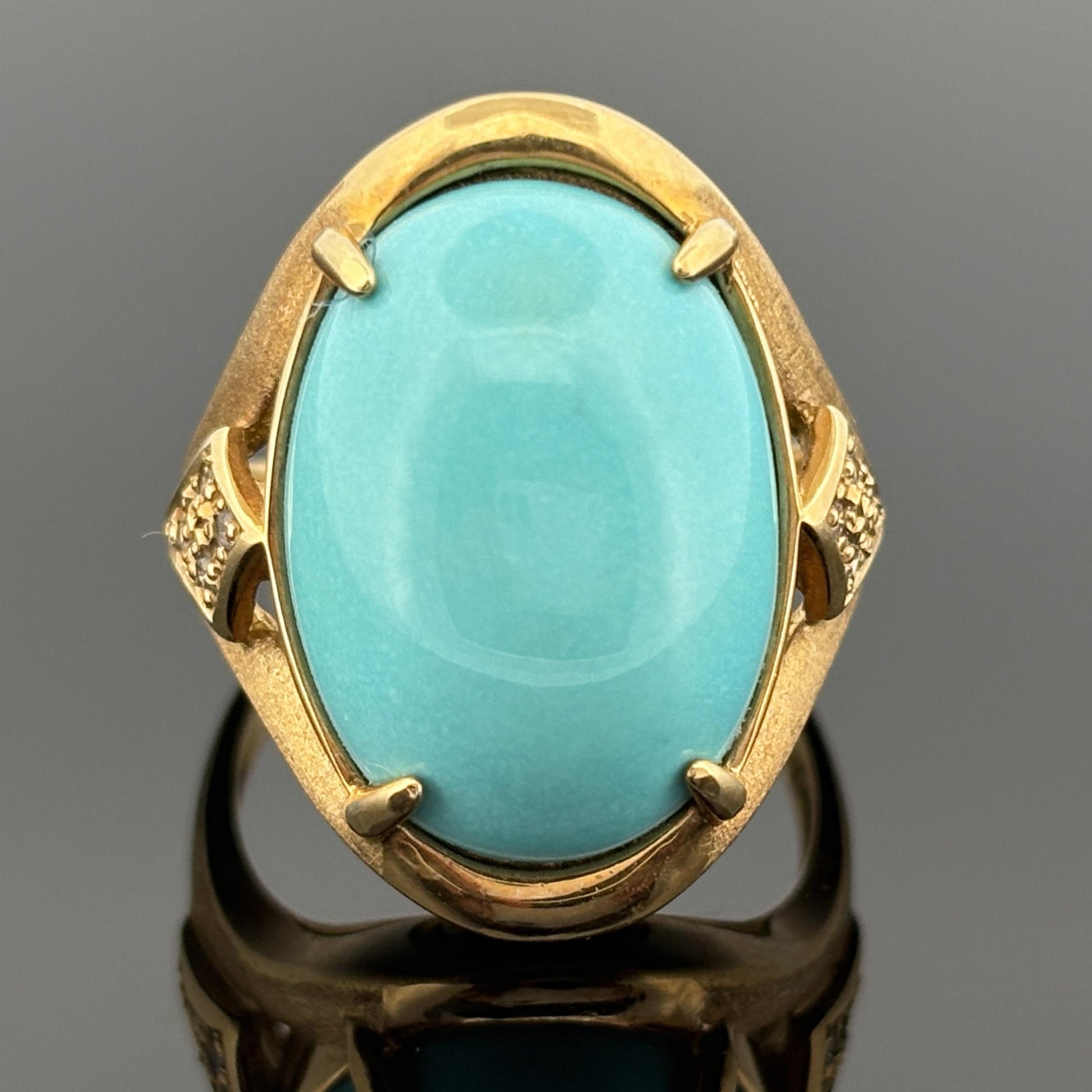 Vintage Turquoise Cabochon & Diamond Ring 18k Yellow Gold