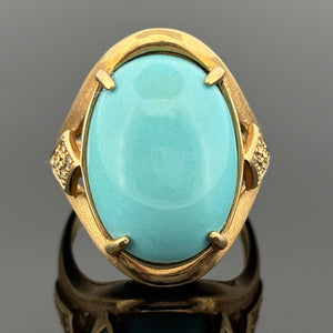 Vintage Turquoise Cabochon & Diamond Ring 18k Yellow Gold