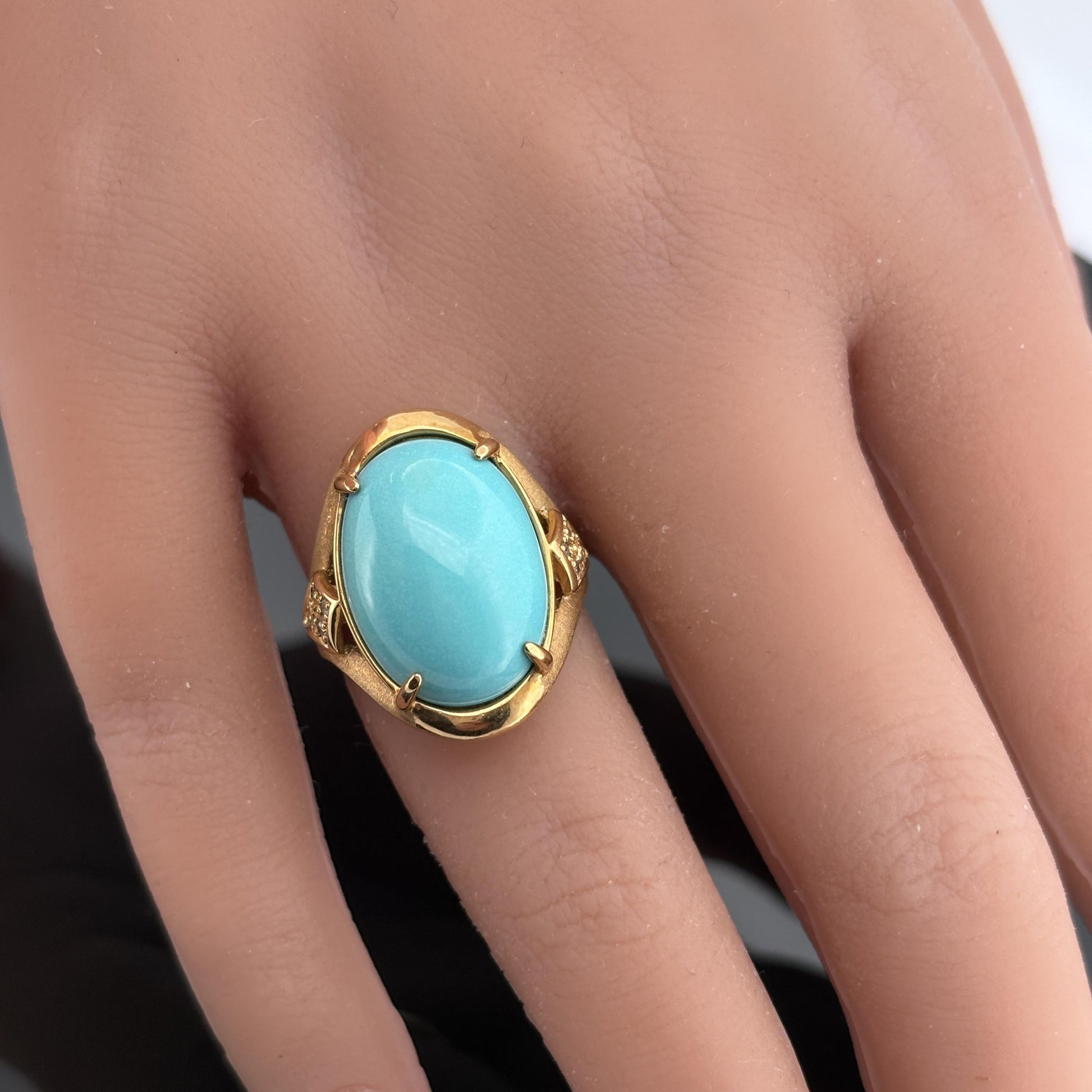 Vintage Turquoise Cabochon & Diamond Ring 18k Yellow Gold