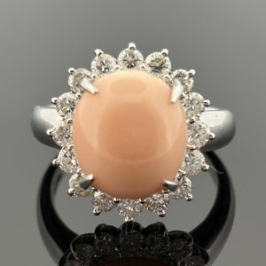 Estate Coral & Halo Diamond Platinum Ring