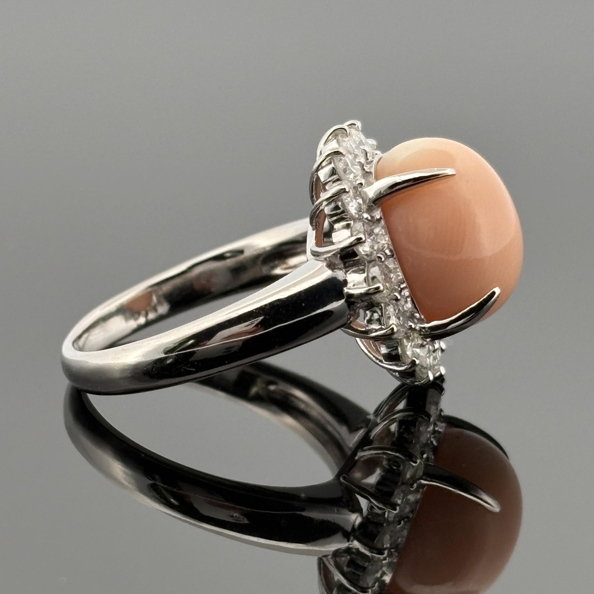 Estate Coral & Halo Diamond Platinum Ring