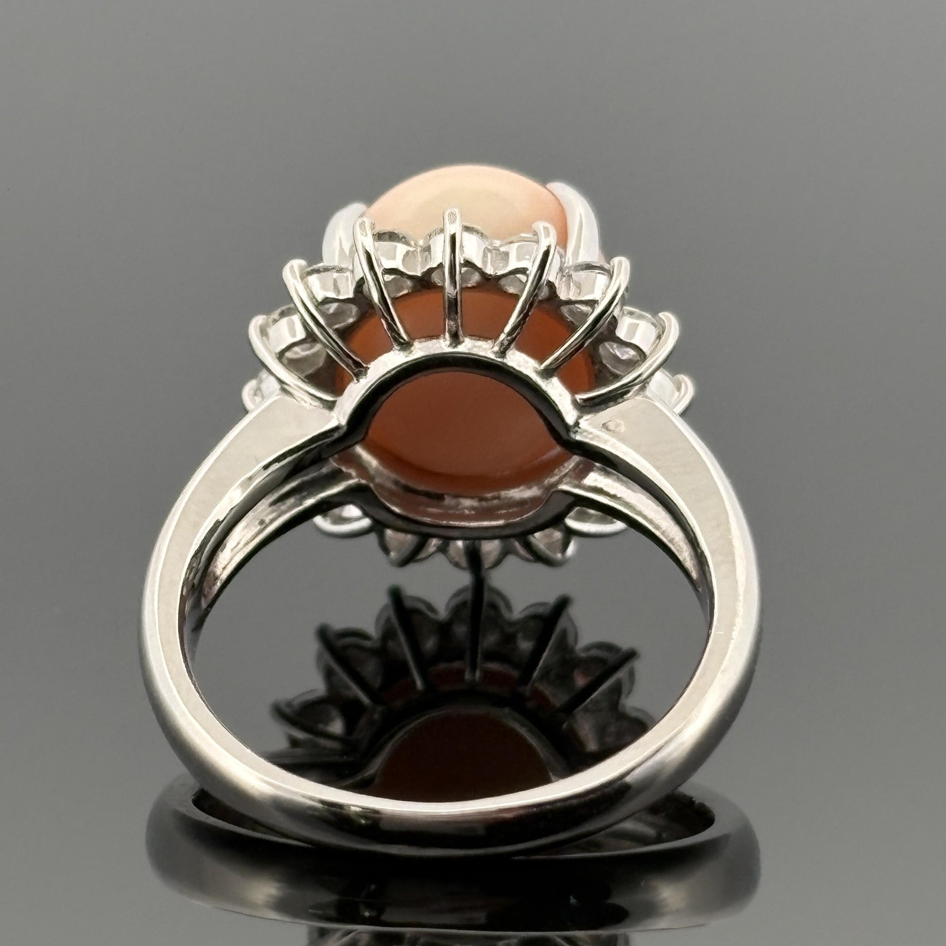 Estate Coral & Halo Diamond Platinum Ring