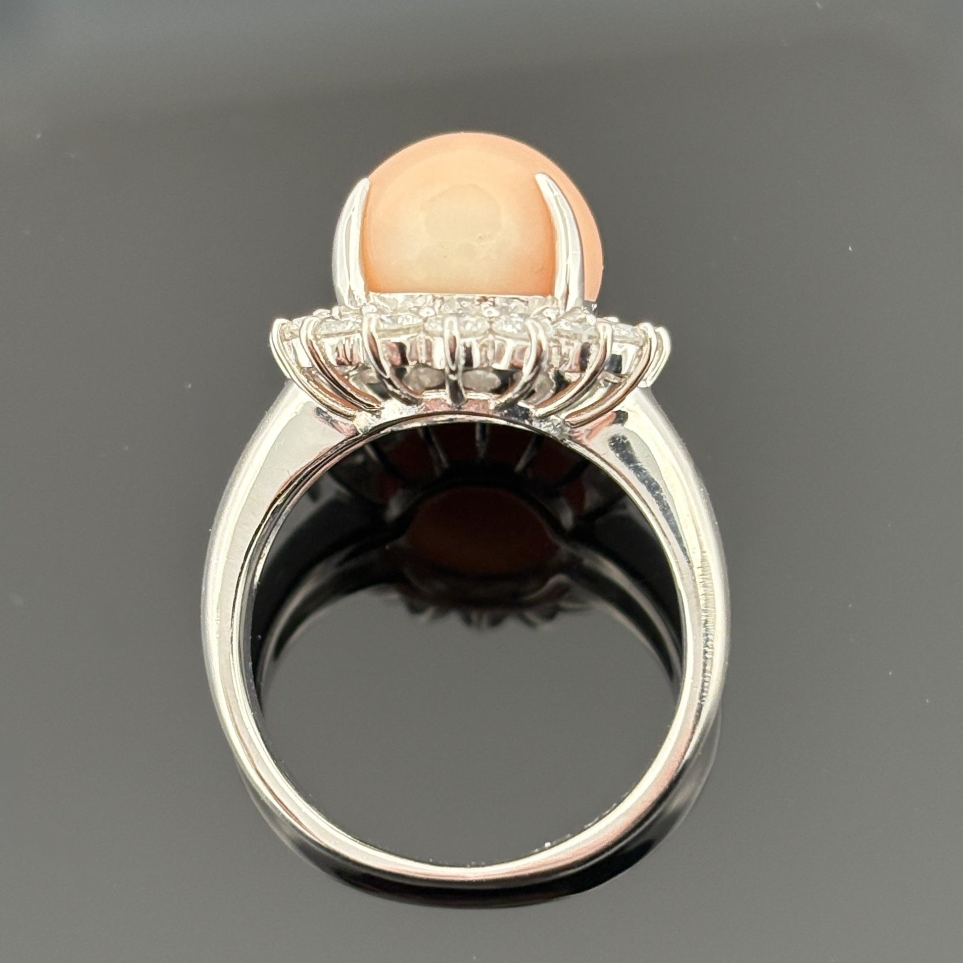 Estate Coral & Halo Diamond Platinum Ring