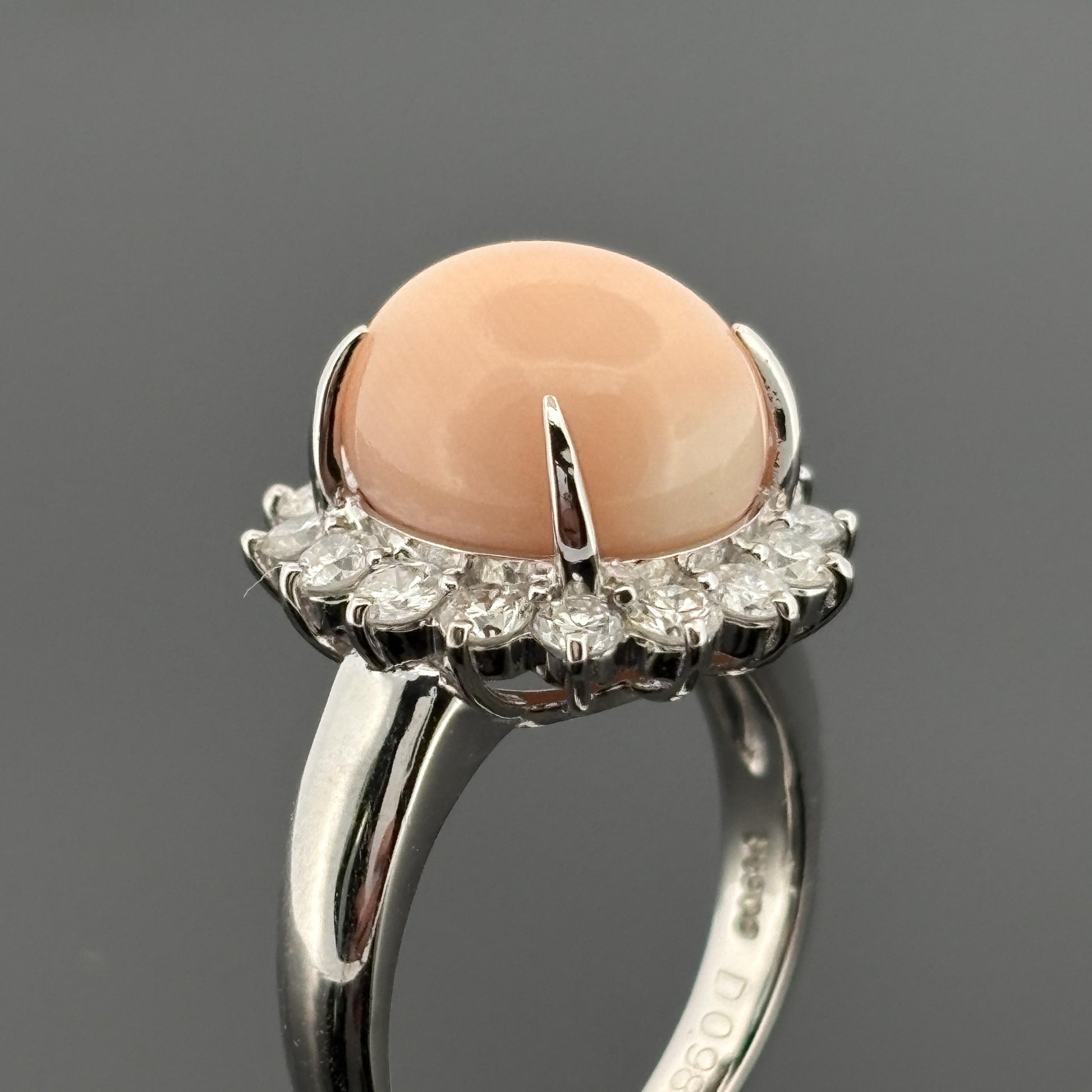 Estate Coral & Halo Diamond Platinum Ring