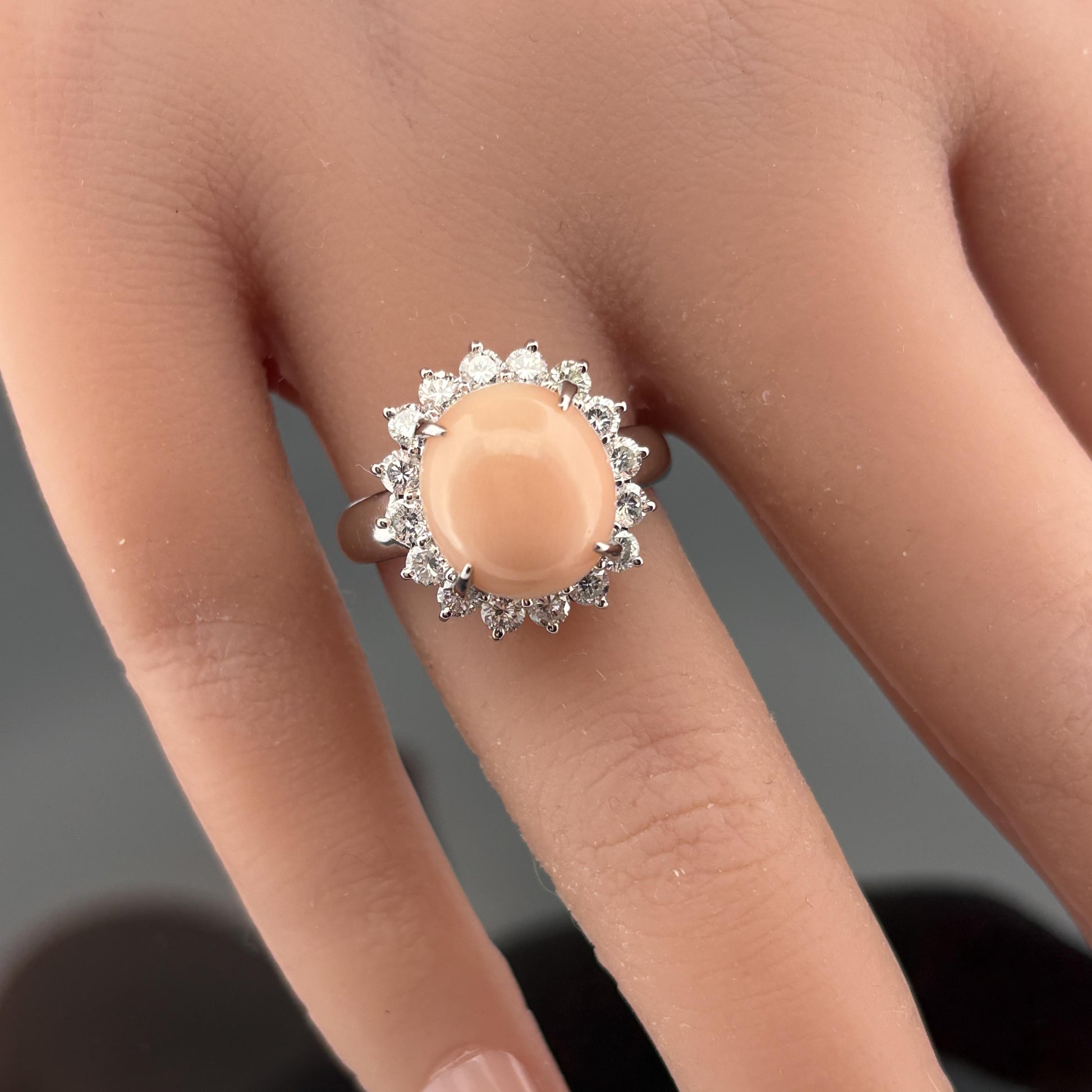 Estate Coral & Halo Diamond Platinum Ring