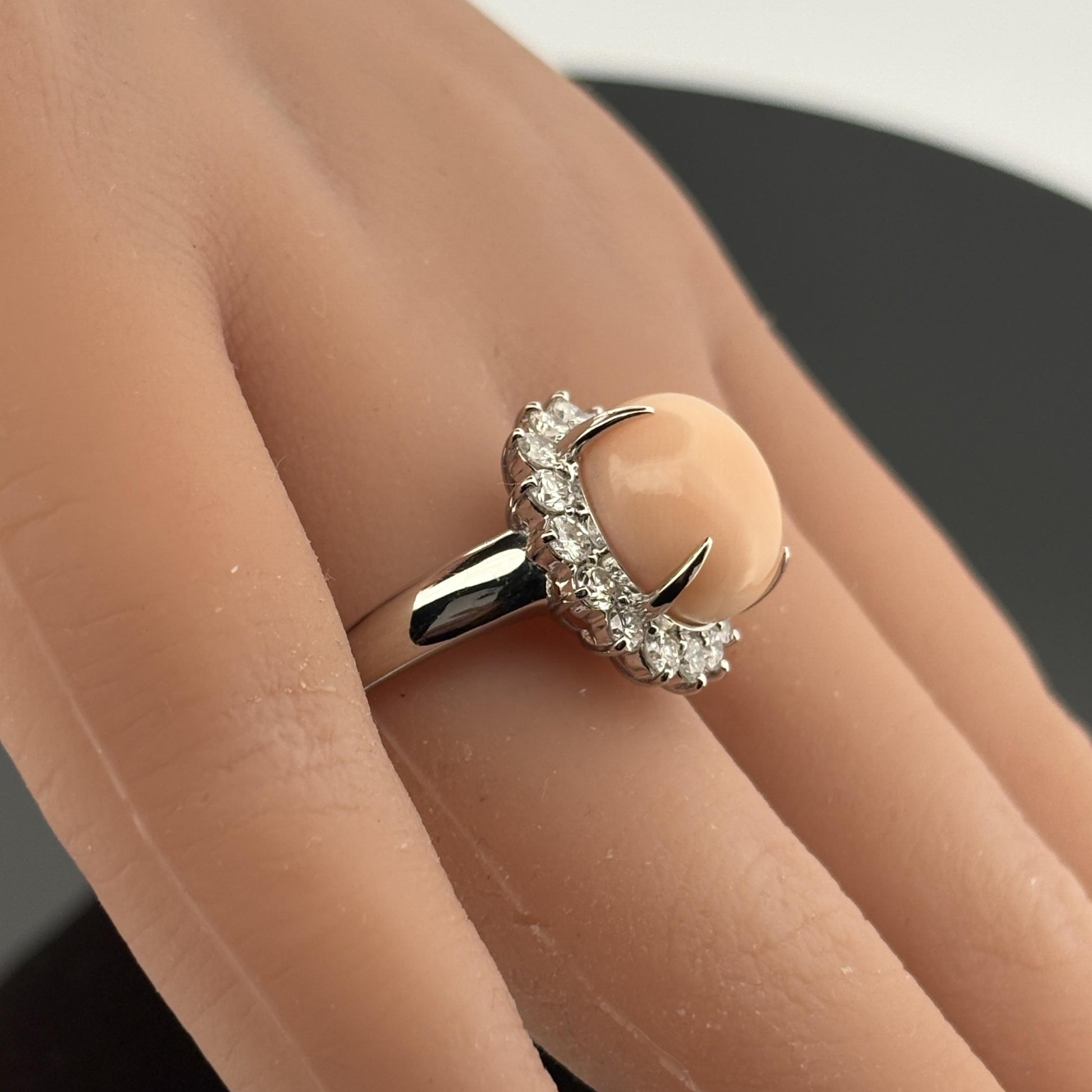 Estate Coral & Halo Diamond Platinum Ring