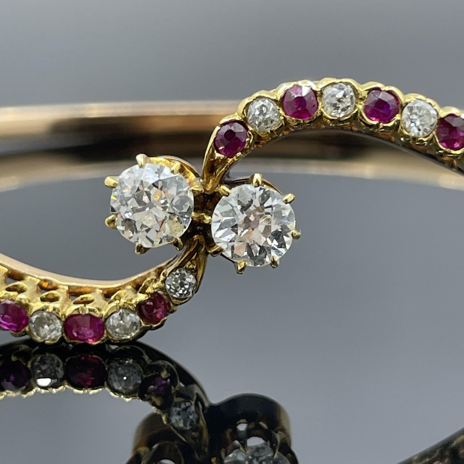 Antique Victorian Diamond & Ruby Bypass Bangle Bracelet 14k Rose Gold