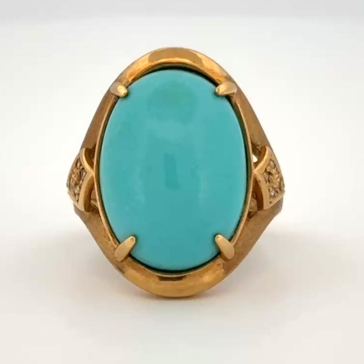 Vintage Turquoise Cabochon & Diamond Ring 18k Yellow Gold