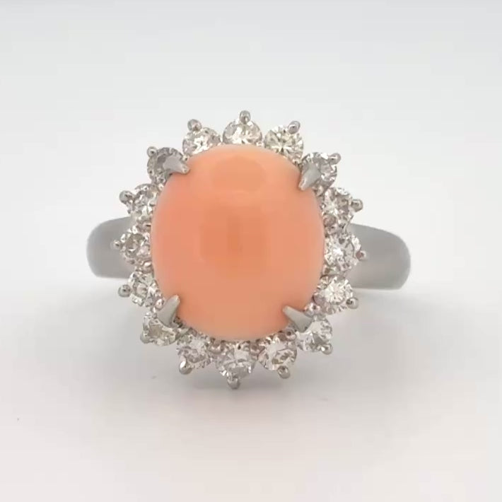 Estate Coral & Halo Diamond Platinum Ring