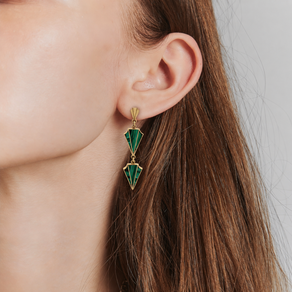 Vintage Art Deco Revival Malachite Drop Earrings 18k Yellow Gold, 1970s