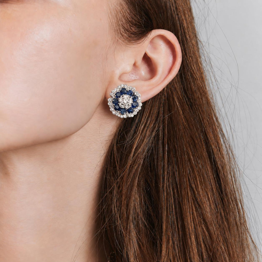 Platinum Sapphire and Diamond Camellia Flower Cluster Earrings, 13.00 CTW