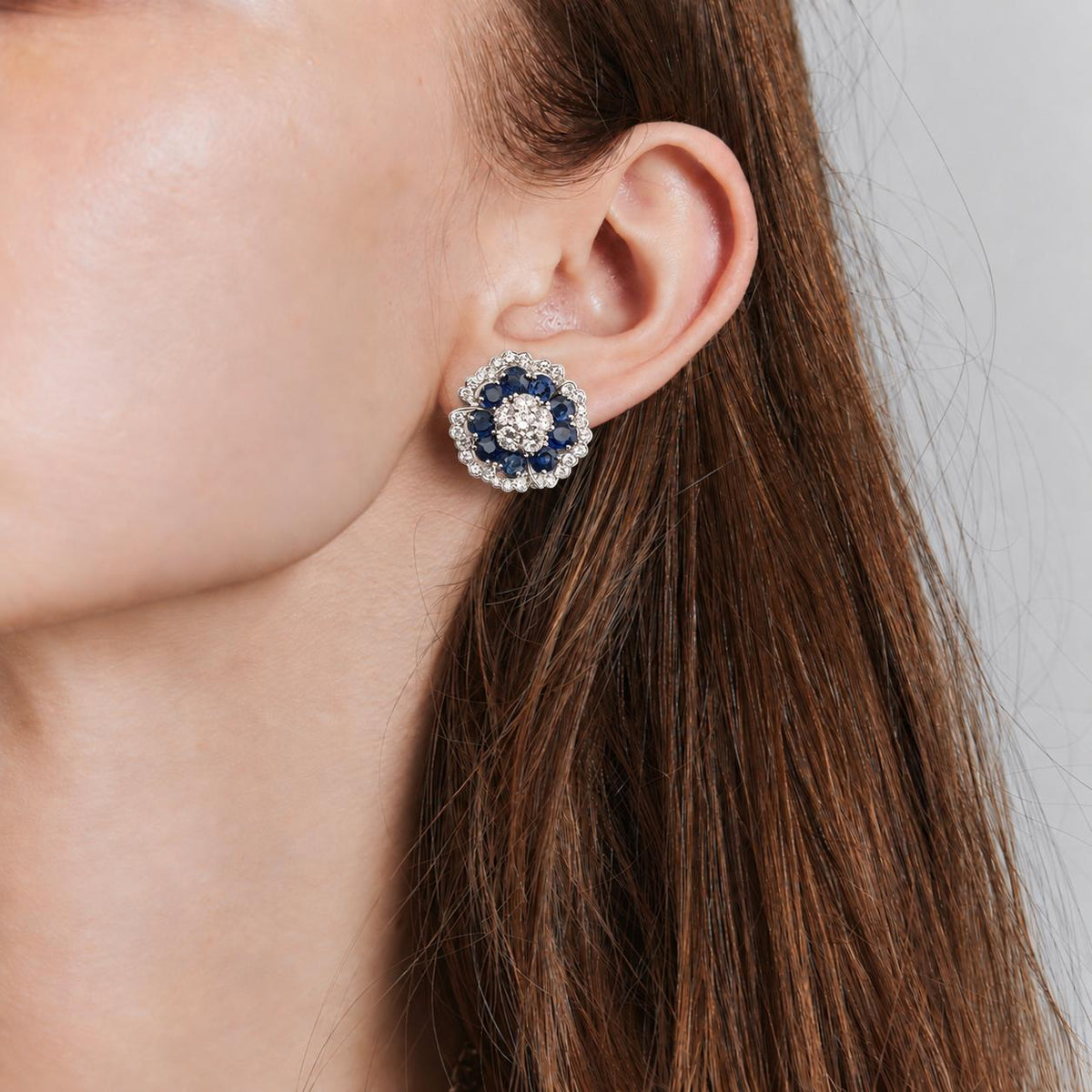 Platinum Sapphire and Diamond Camellia Flower Cluster Earrings, 13.00 CTW