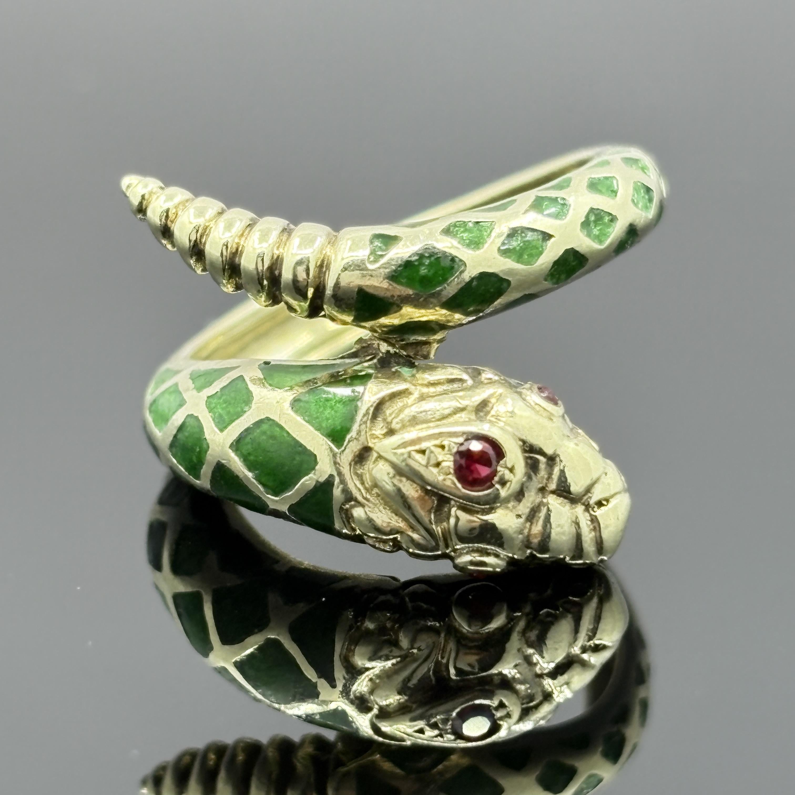 Vintage Snake Ring with Ruby Eyes in Green Enamel & 14k Yellow Gold - Size 7.75