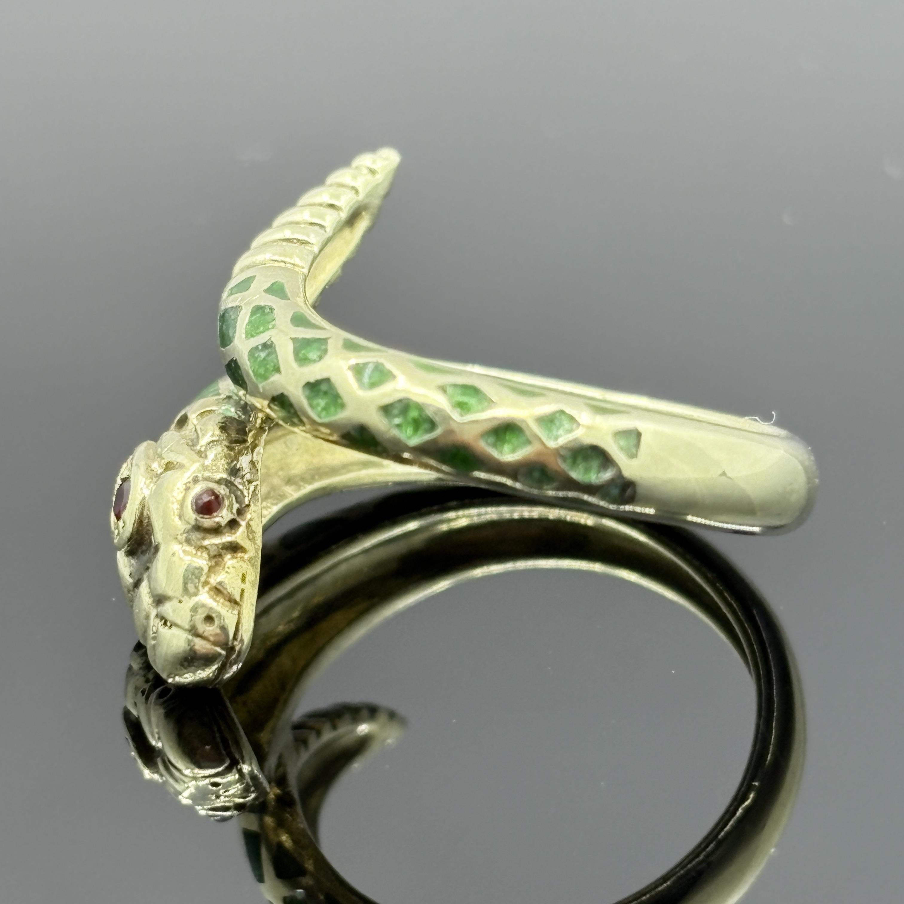 Vintage Snake Ring with Ruby Eyes in Green Enamel & 14k Yellow Gold - Size 7.75