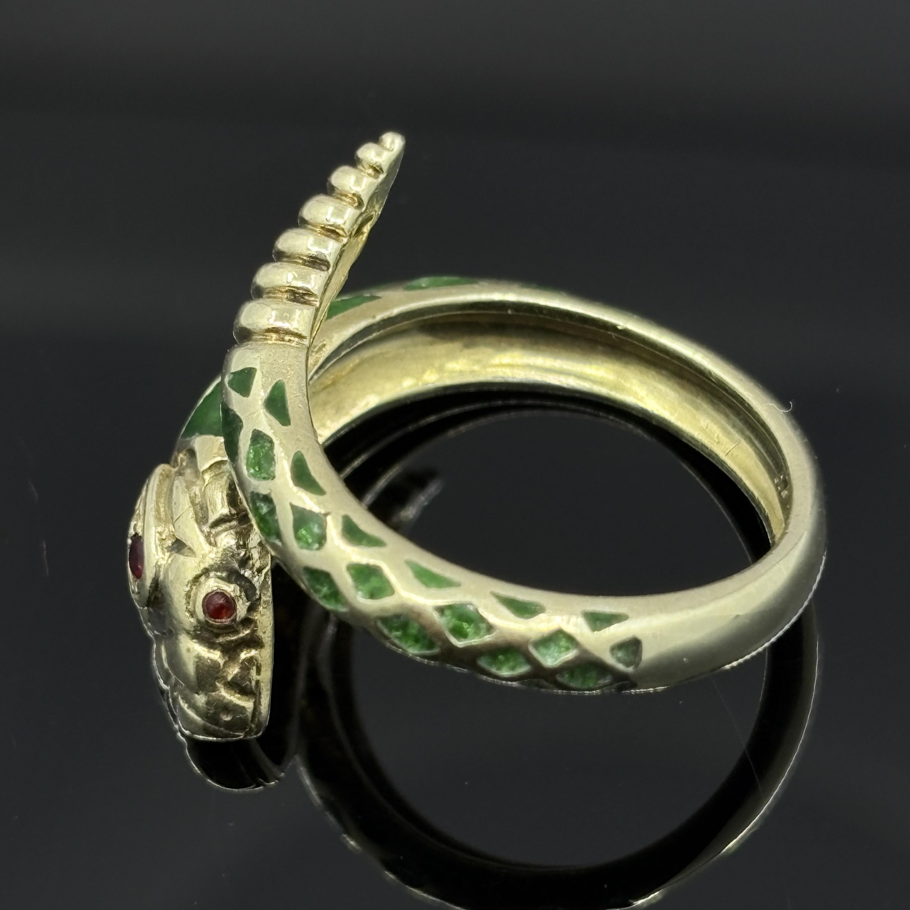 Vintage Snake Ring with Ruby Eyes in Green Enamel & 14k Yellow Gold - Size 7.75