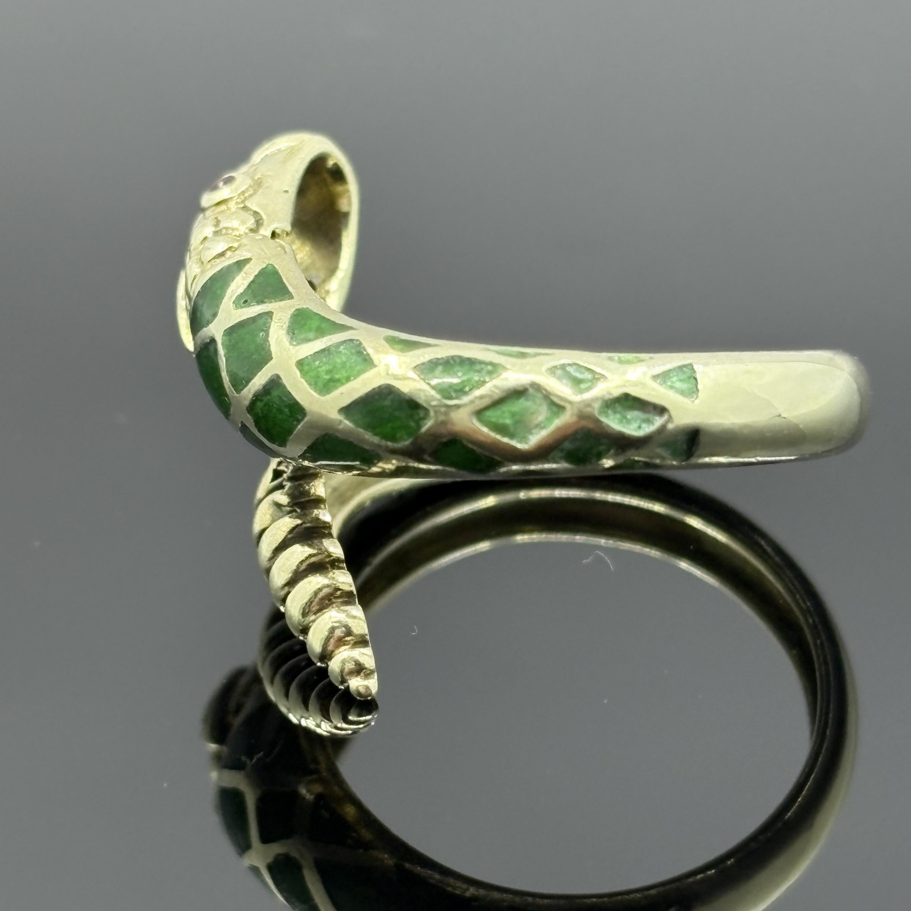 Vintage Snake Ring with Ruby Eyes in Green Enamel & 14k Yellow Gold - Size 7.75