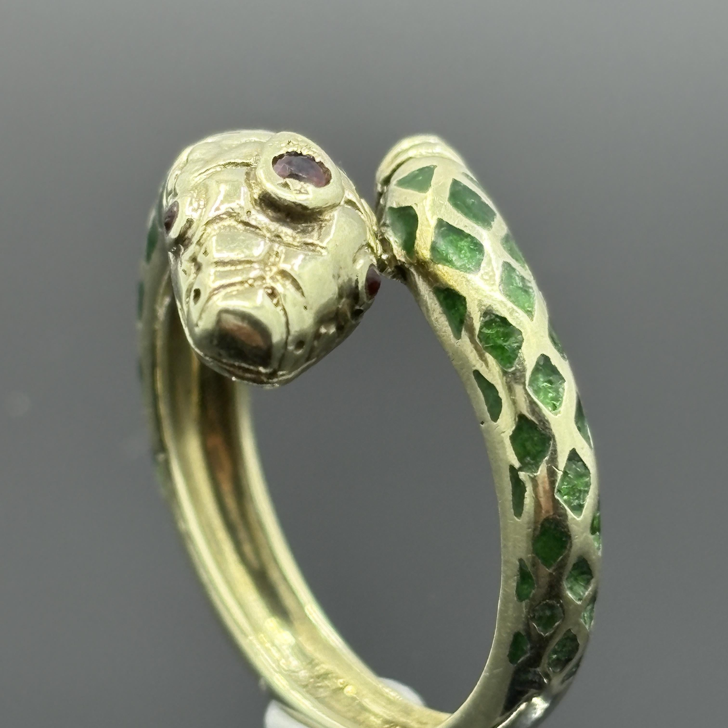 Vintage Snake Ring with Ruby Eyes in Green Enamel & 14k Yellow Gold - Size 7.75