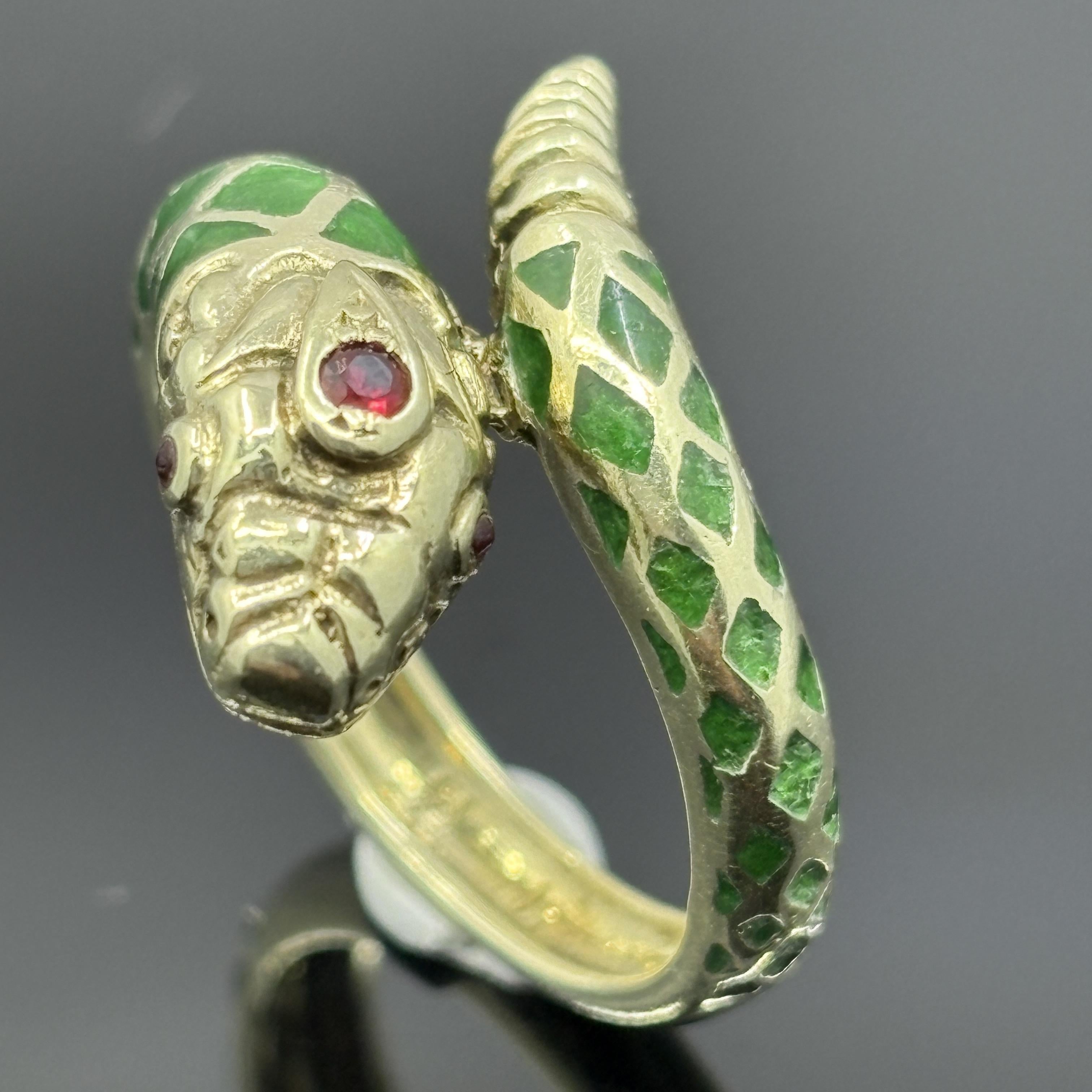 Vintage Snake Ring with Ruby Eyes in Green Enamel & 14k Yellow Gold - Size 7.75