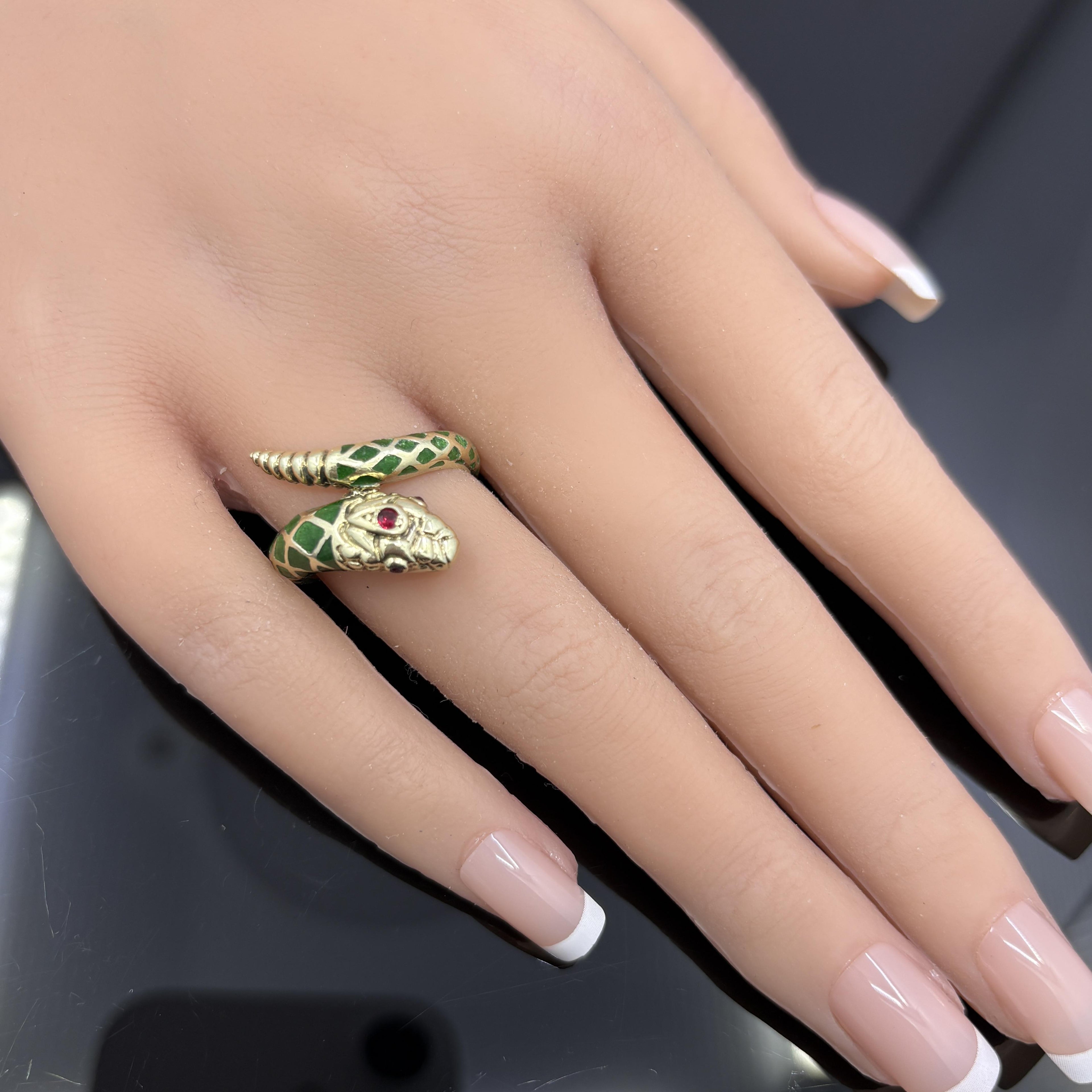 Vintage Snake Ring with Ruby Eyes in Green Enamel & 14k Yellow Gold - Size 7.75