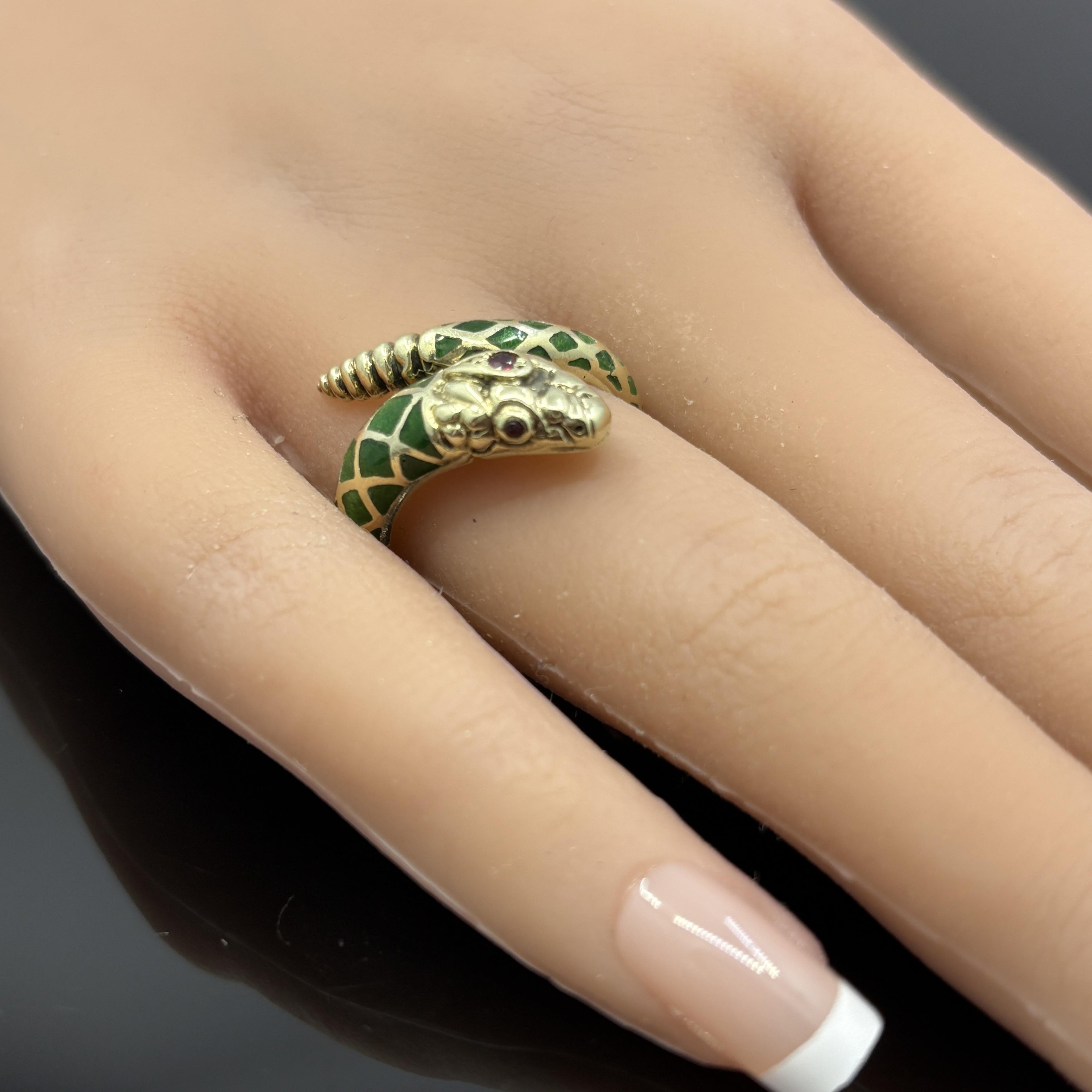 Vintage Snake Ring with Ruby Eyes in Green Enamel & 14k Yellow Gold - Size 7.75
