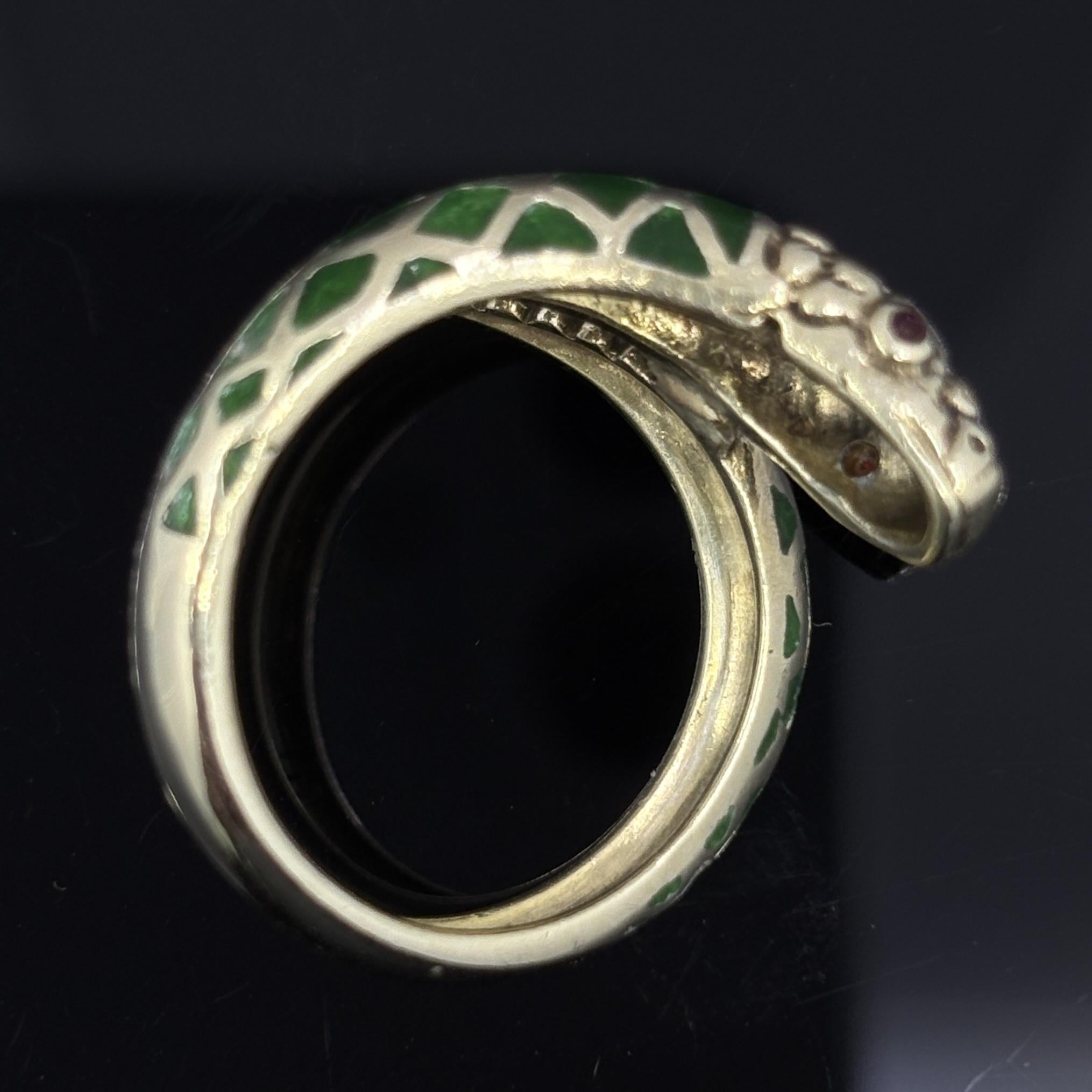 Vintage Snake Ring with Ruby Eyes in Green Enamel & 14k Yellow Gold - Size 7.75