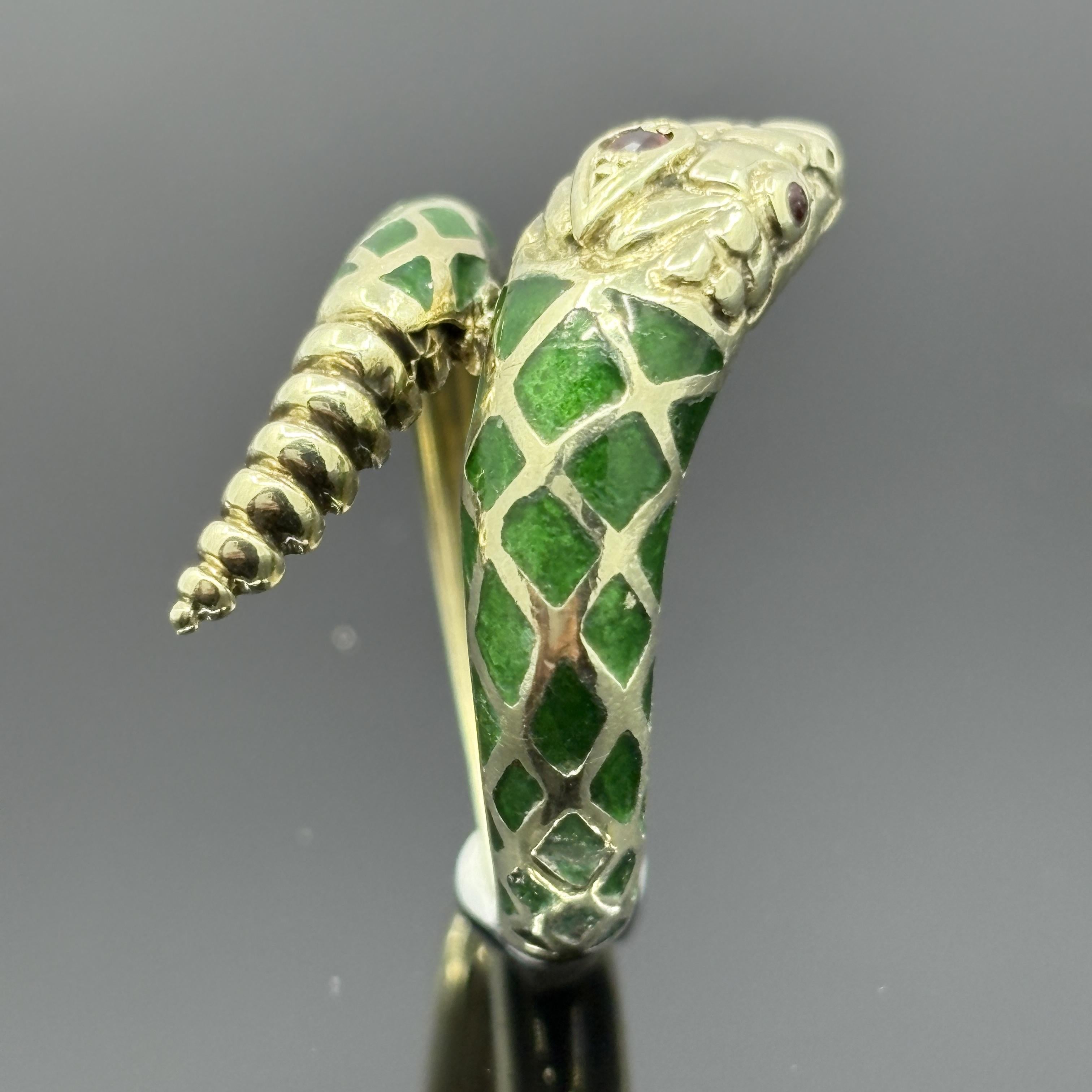 Vintage Snake Ring with Ruby Eyes in Green Enamel & 14k Yellow Gold - Size 7.75