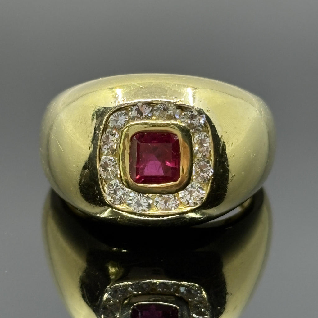 Vintage Cushion Ruby & Diamond Bombe Ring in 18k Yellow Gold - GIA