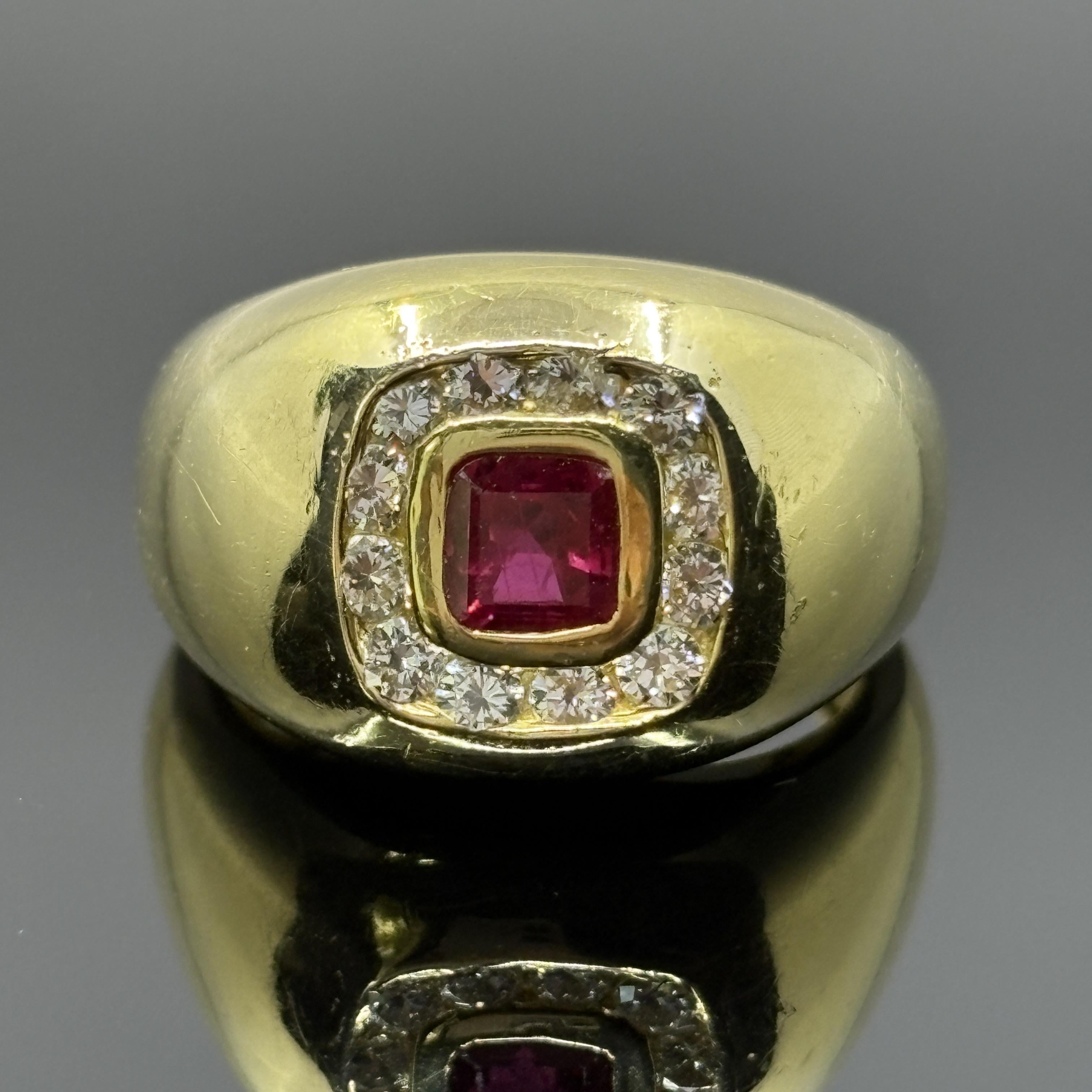 Vintage Cushion Ruby & Diamond Bombe Ring in 18k Yellow Gold - GIA