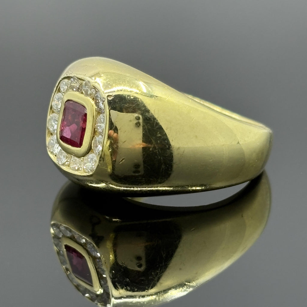 Vintage Cushion Ruby & Diamond Bombe Ring in 18k Yellow Gold - GIA