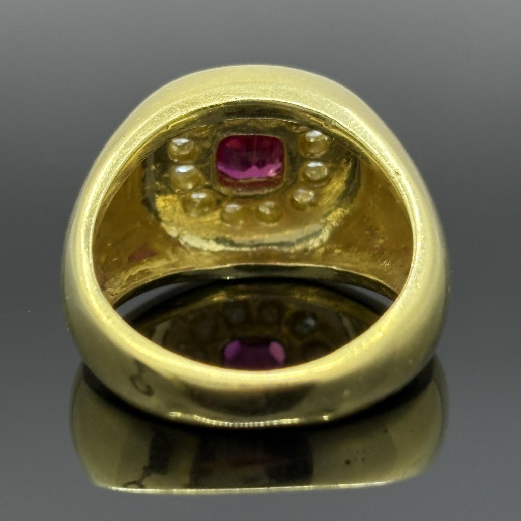 Vintage Cushion Ruby & Diamond Bombe Ring in 18k Yellow Gold - GIA