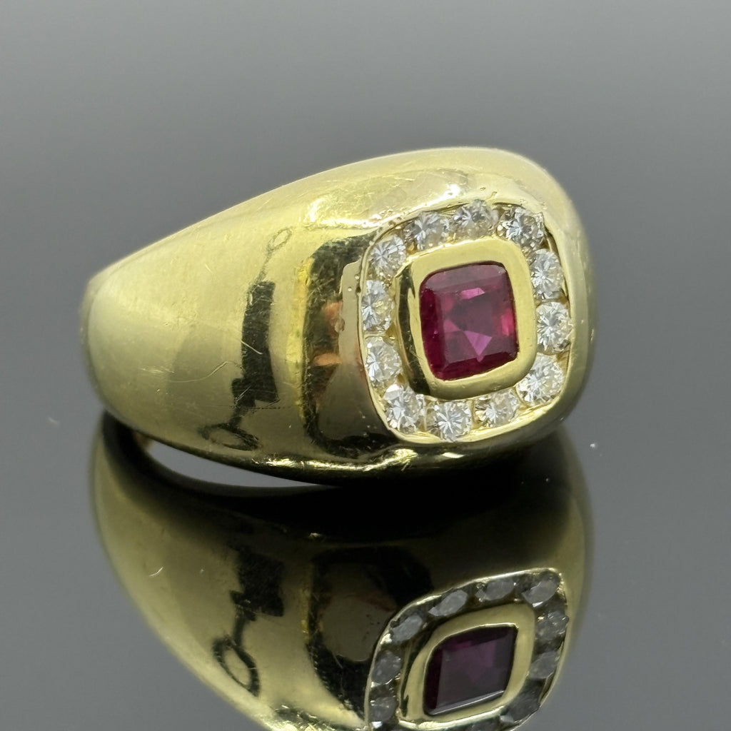 Vintage Cushion Ruby & Diamond Bombe Ring in 18k Yellow Gold - GIA