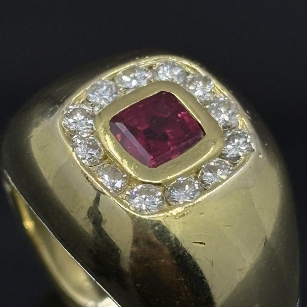 Vintage Cushion Ruby & Diamond Bombe Ring in 18k Yellow Gold - GIA