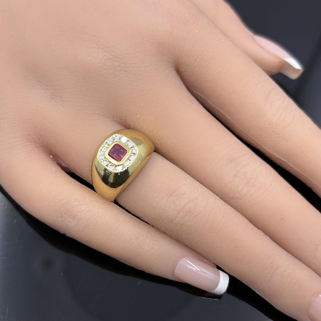 Vintage Cushion Ruby & Diamond Bombe Ring in 18k Yellow Gold - GIA