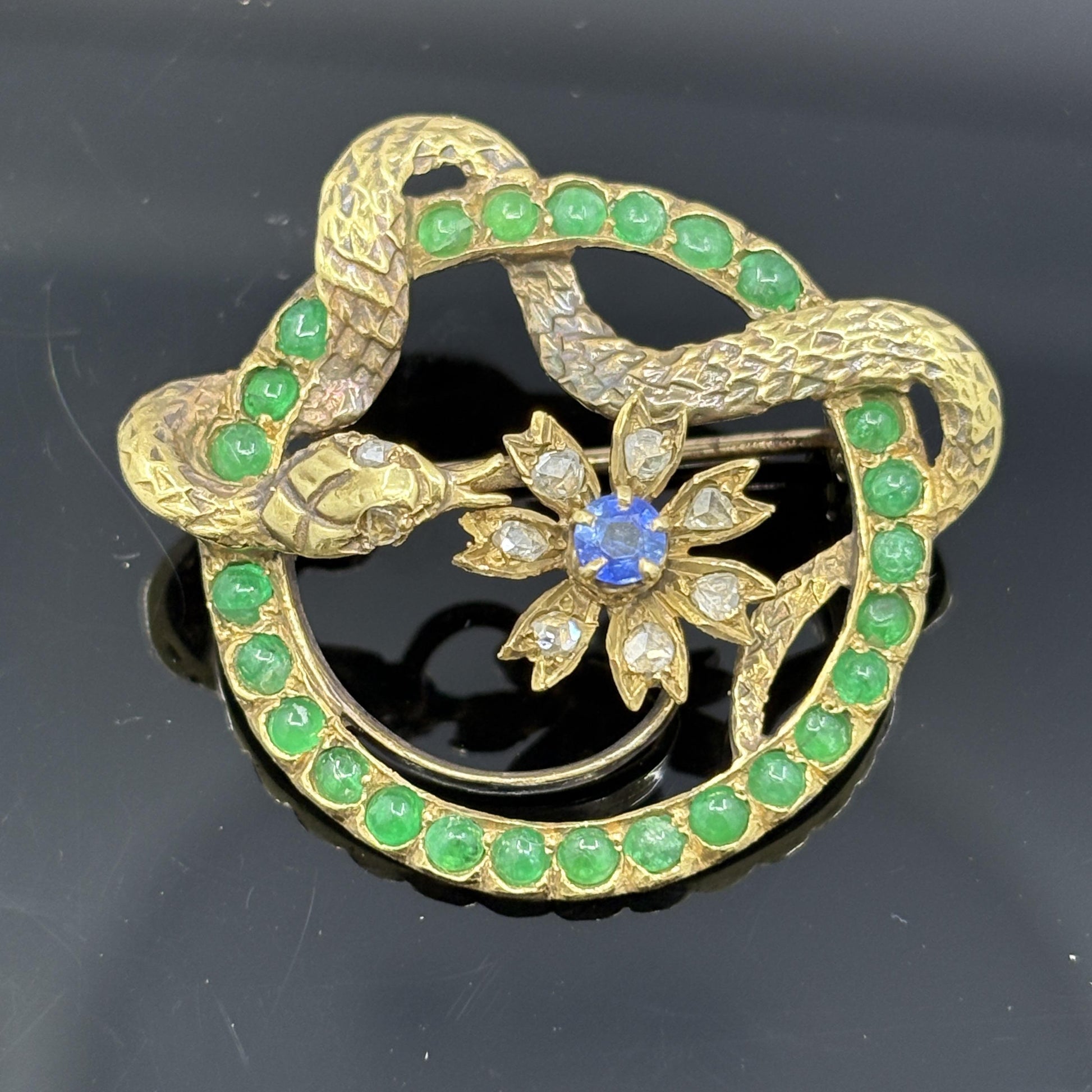 Antique Victorian Snake Brooch 18k Gold Emerald, Sapphire & Rose Cut Diamonds