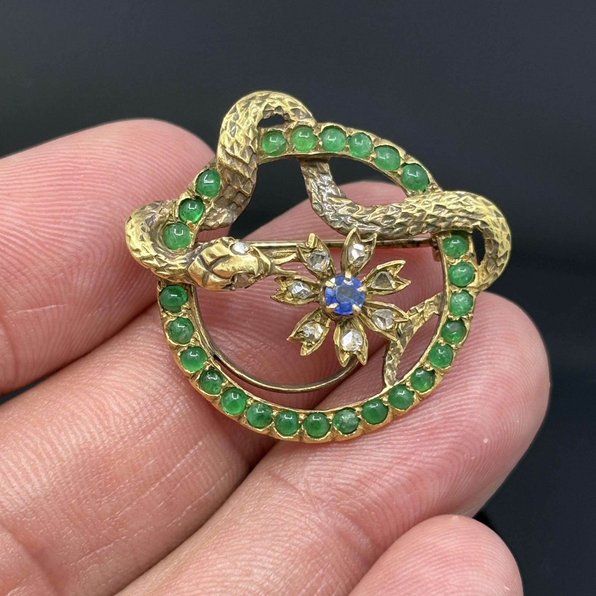 Antique Victorian Snake Brooch 18k Gold Emerald, Sapphire & Rose Cut Diamonds