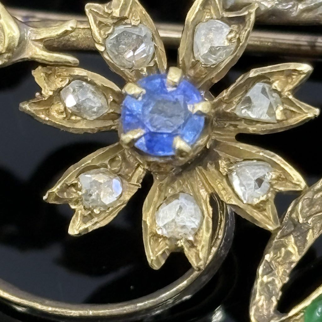 Antique Victorian Snake Brooch 18k Gold Emerald, Sapphire & Rose Cut Diamonds
