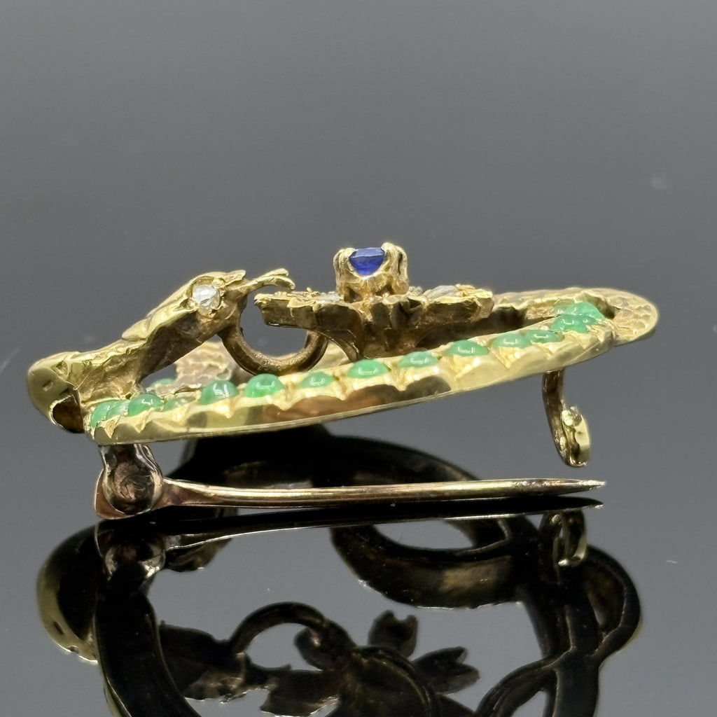 Antique Victorian Snake Brooch 18k Gold Emerald, Sapphire & Rose Cut Diamonds