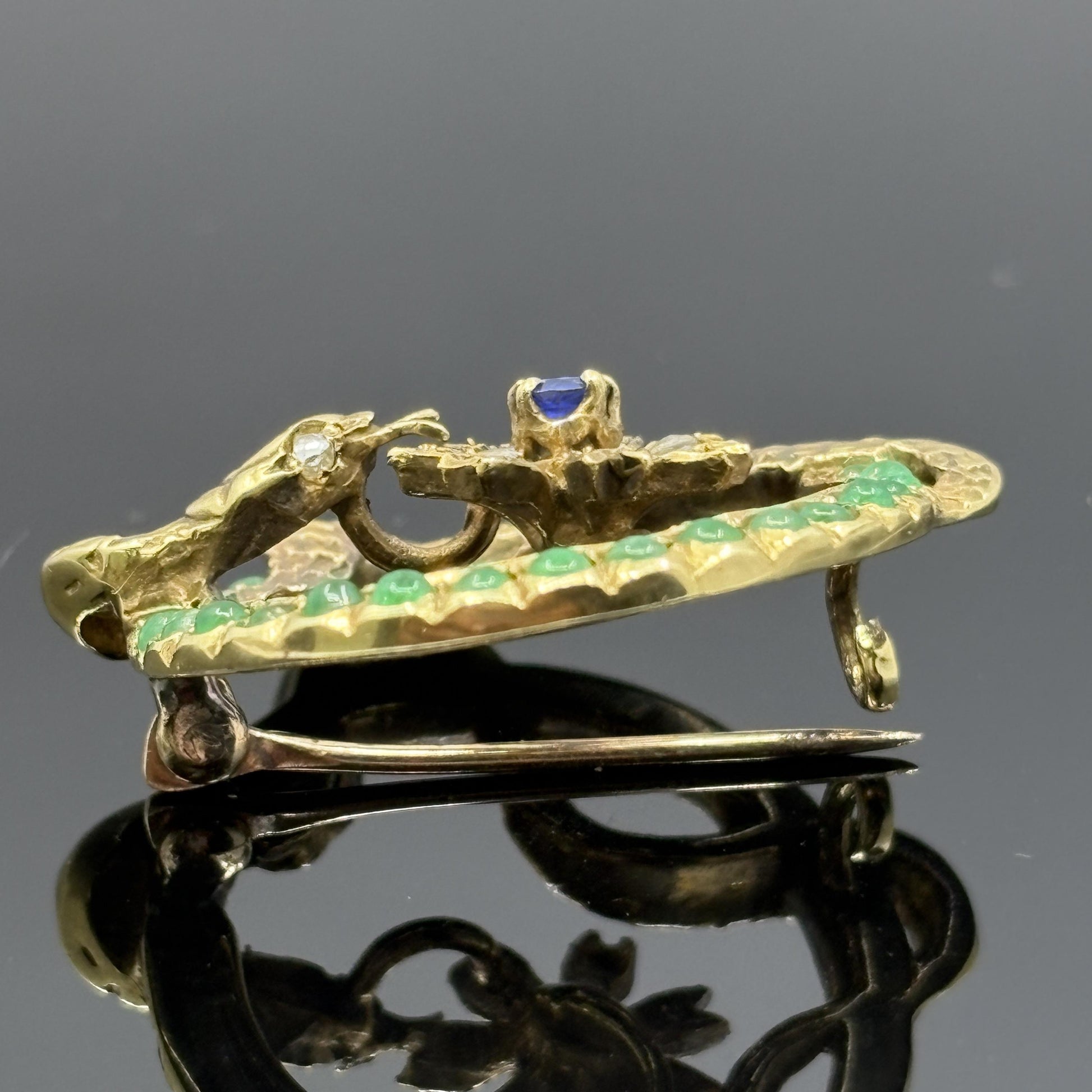 Antique Victorian Snake Brooch 18k Gold Emerald, Sapphire & Rose Cut Diamonds