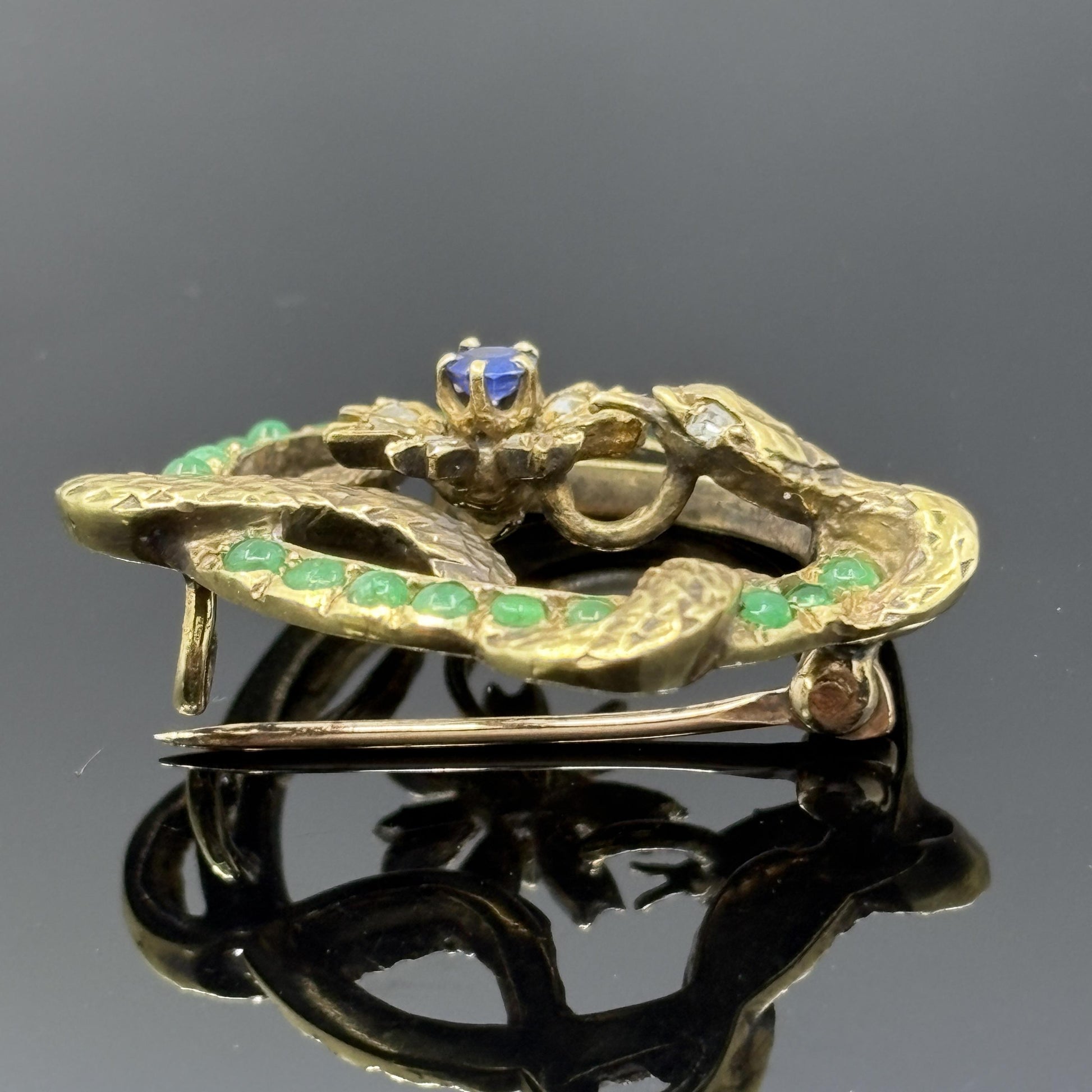 Antique Victorian Snake Brooch 18k Gold Emerald, Sapphire & Rose Cut Diamonds