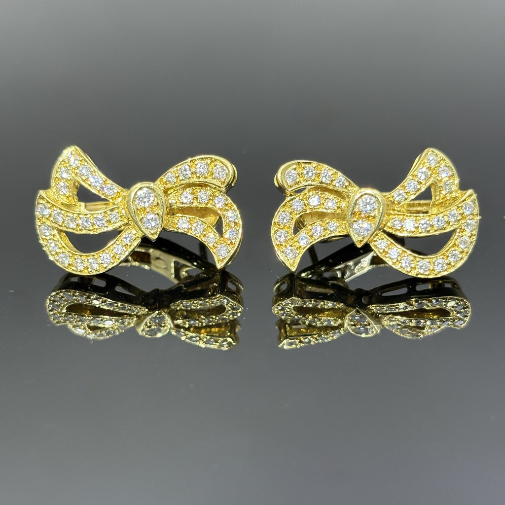 Vintage Diamond Bow Earrings w/ French Owl Stamp 18k