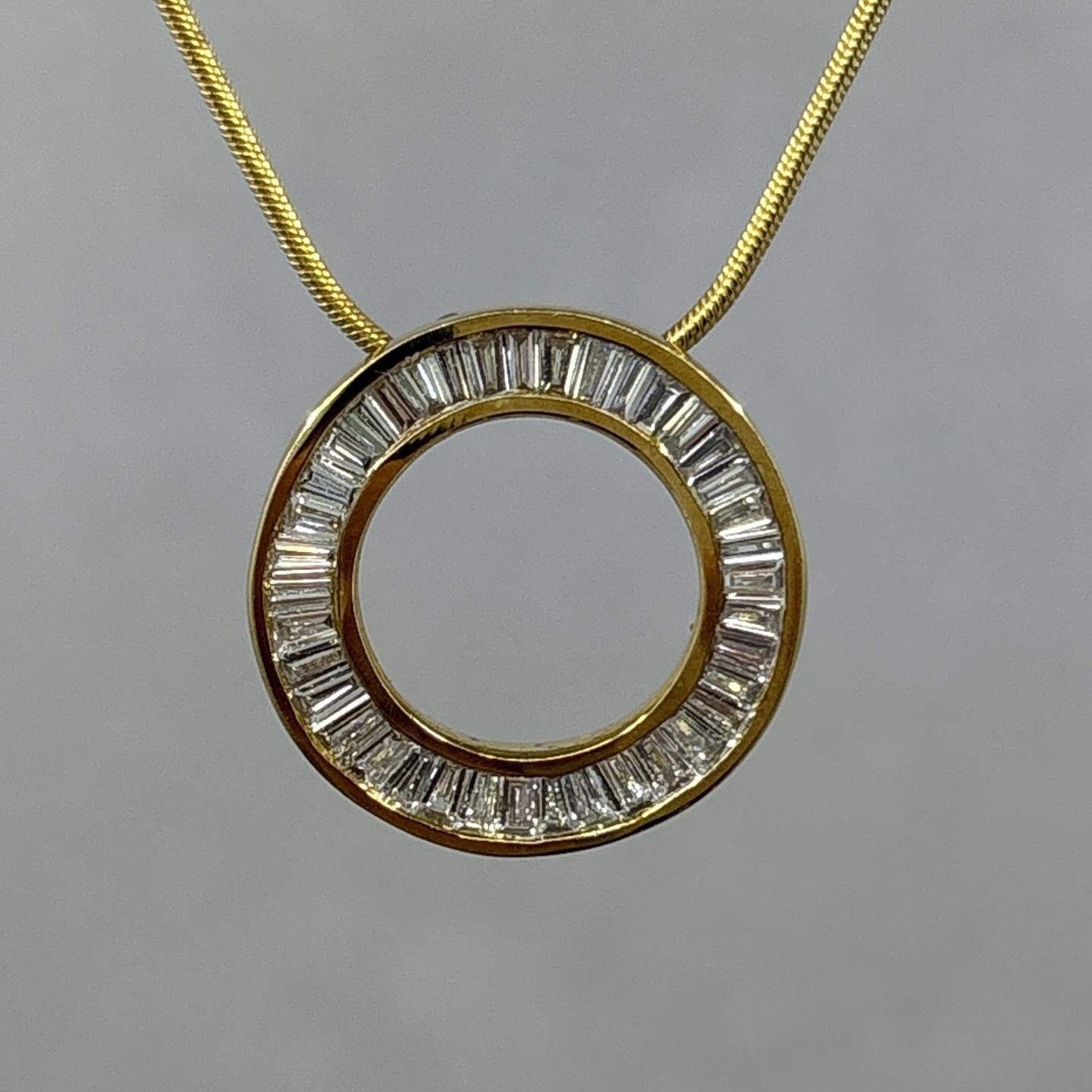 Estate Diamond Baguette Circle Pendant Necklace 18k Gold 1.50ctw