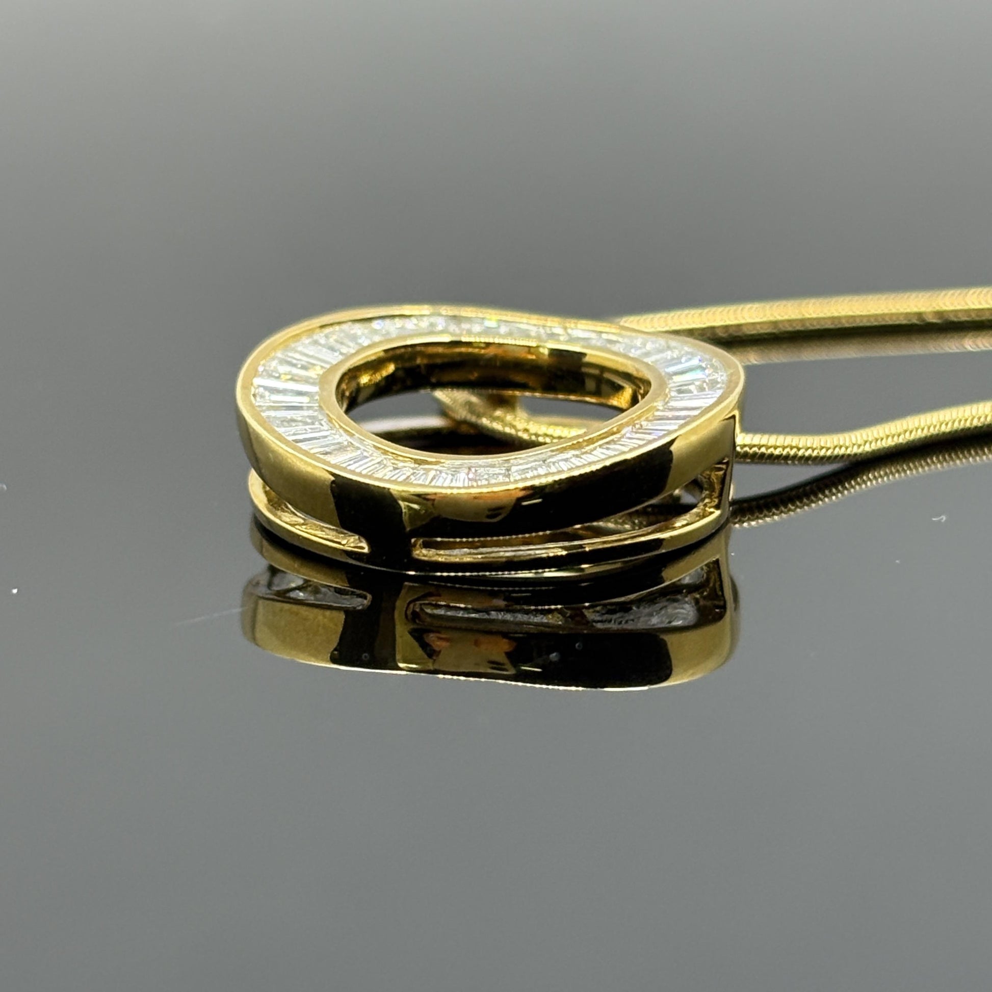 Estate Diamond Baguette Circle Pendant Necklace 18k Gold 1.50ctw