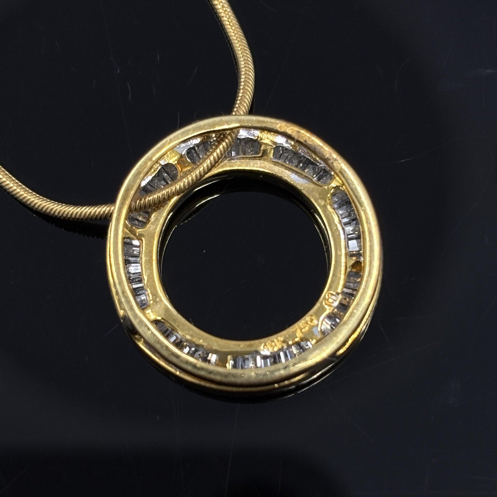 Estate Diamond Baguette Circle Pendant Necklace 18k Gold 1.50ctw