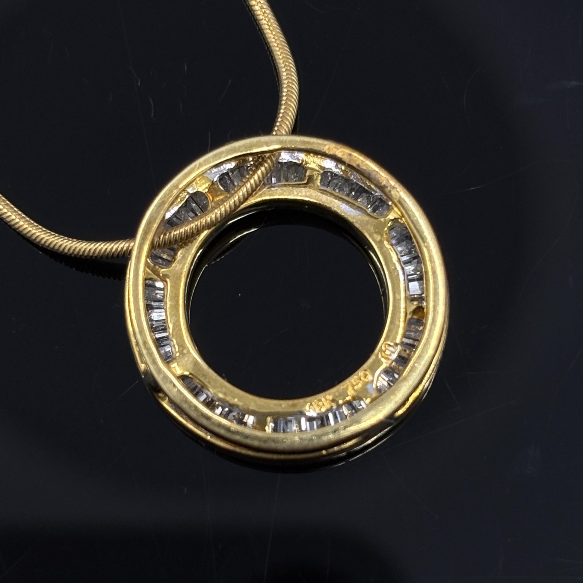 Estate Diamond Baguette Circle Pendant Necklace 18k Gold 1.50ctw