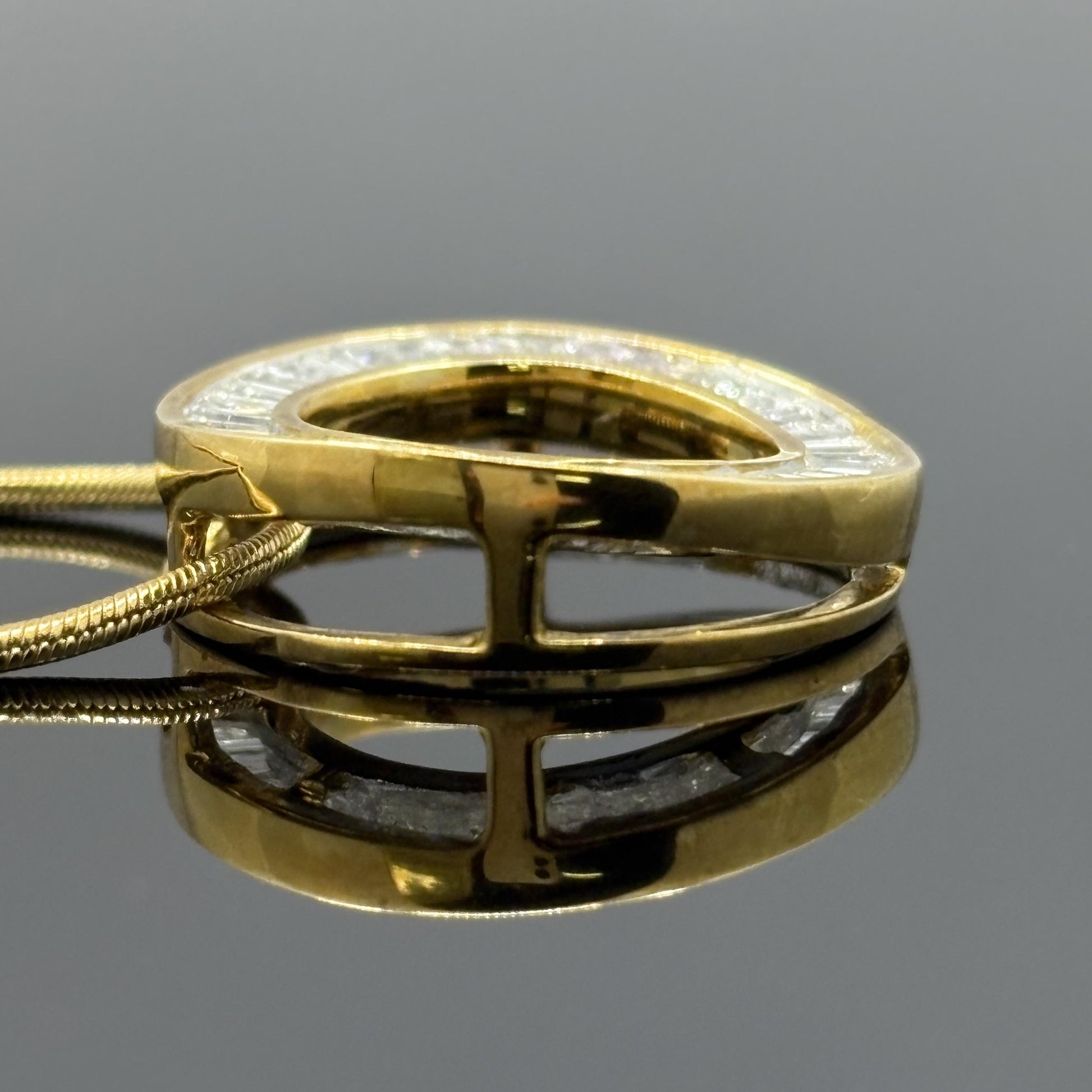 Estate Diamond Baguette Circle Pendant Necklace 18k Gold 1.50ctw